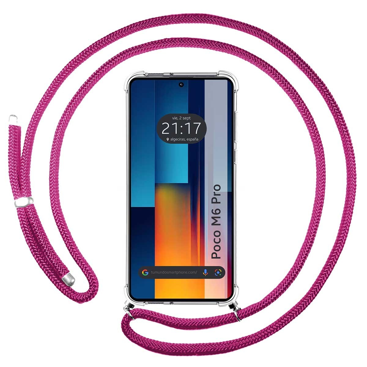Telefono con cordino rosa. Lo schermo mostra un orologio e il logo Poco M6 Pro.