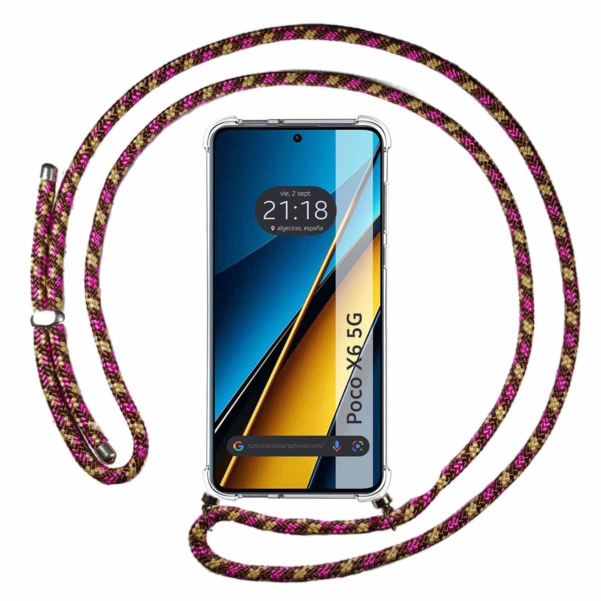 Telefono con cinturino, mostra dettagli di ora e posizione. Sfondo nero, linea dorata.