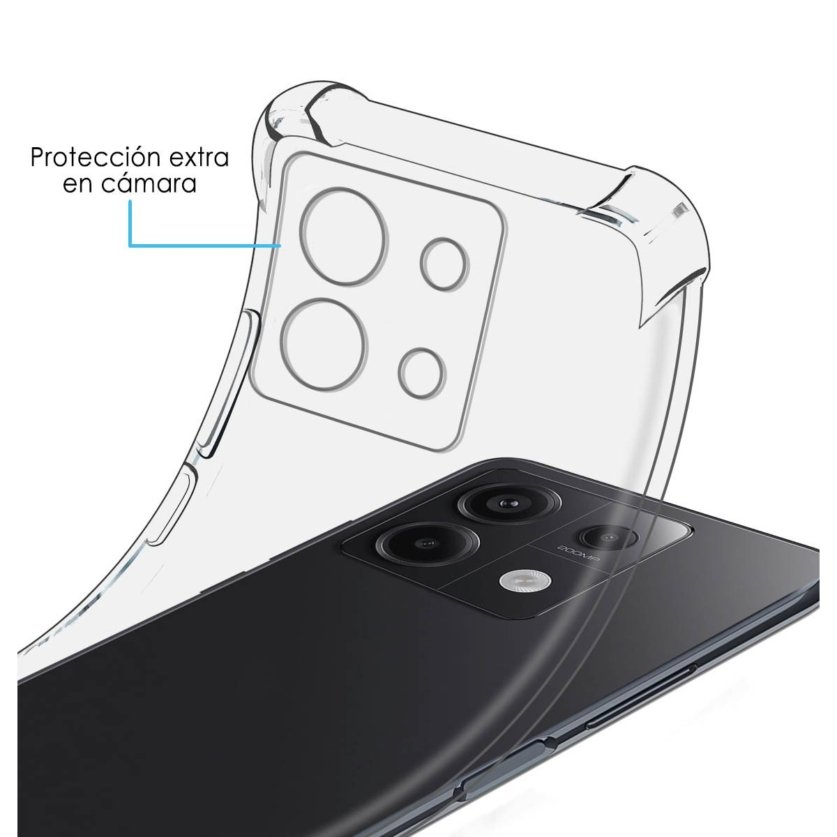Telefono con custodia trasparente. La custodia mostra la protezione della fotocamera. Sfondo bianco.
