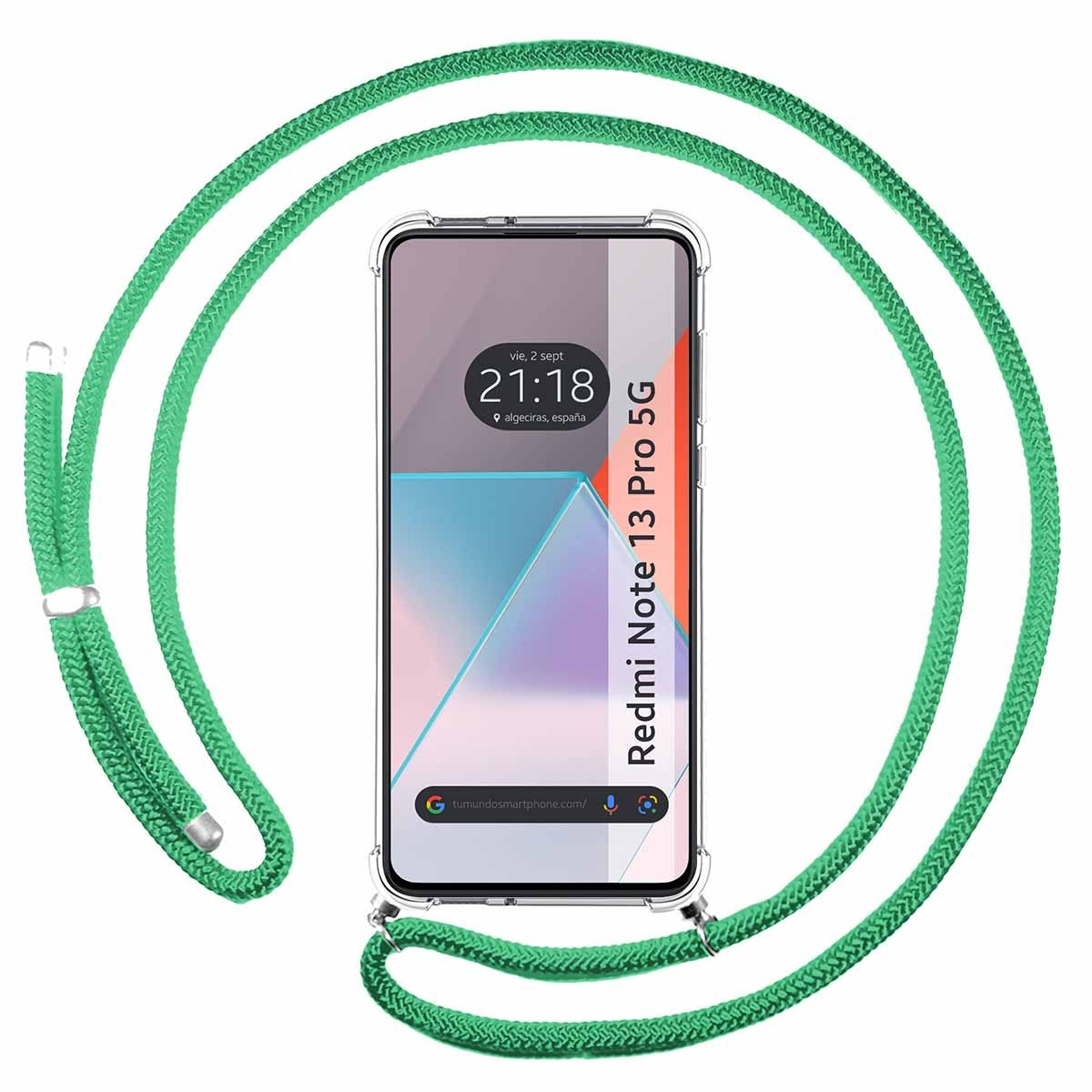 Telefono con custodia a cordino verde. Il telefono mostra l'ora e la posizione sullo schermo.
