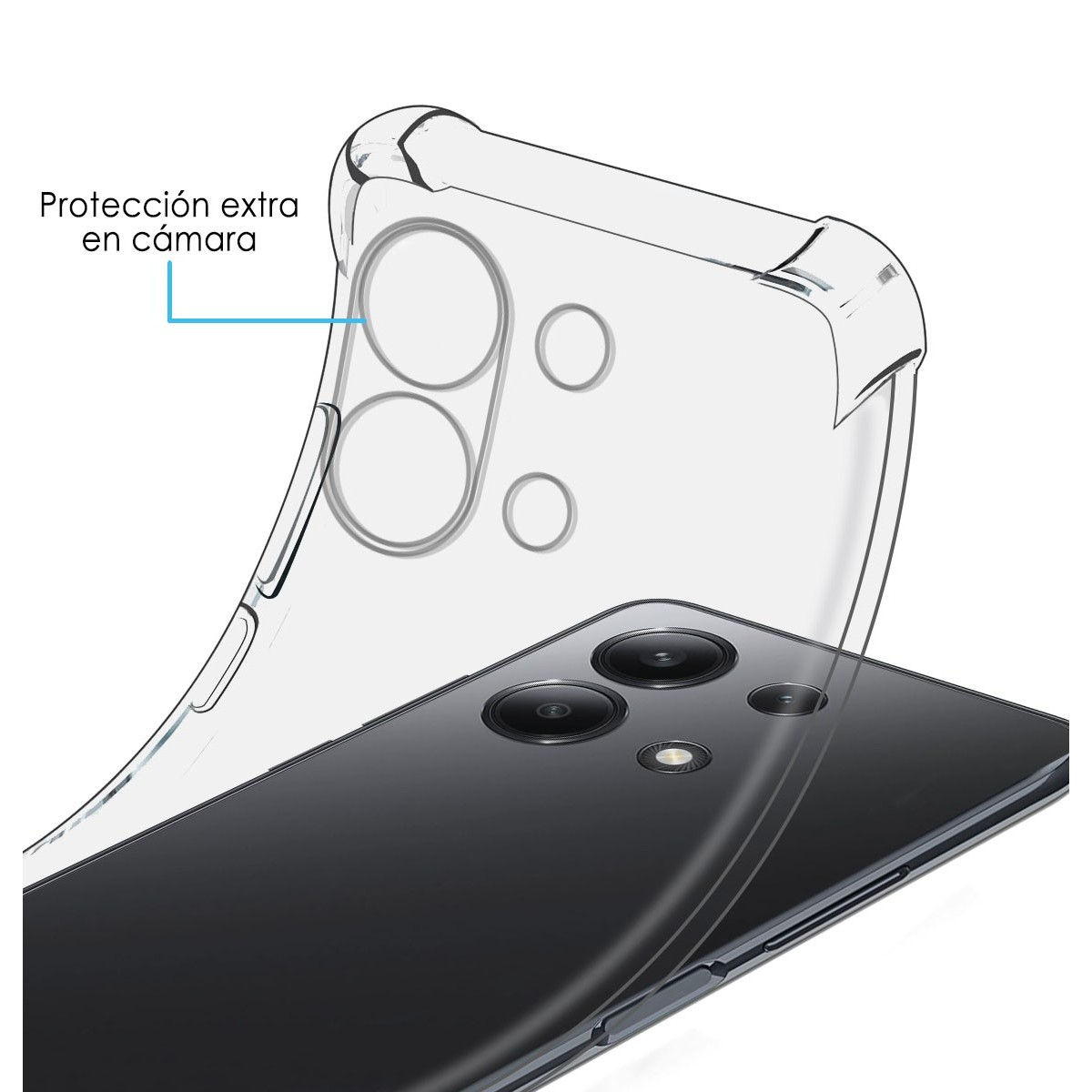 Un telefono con una custodia trasparente, con l'area della fotocamera evidenziata, su sfondo bianco. Testo: protezione extra fotocamera.