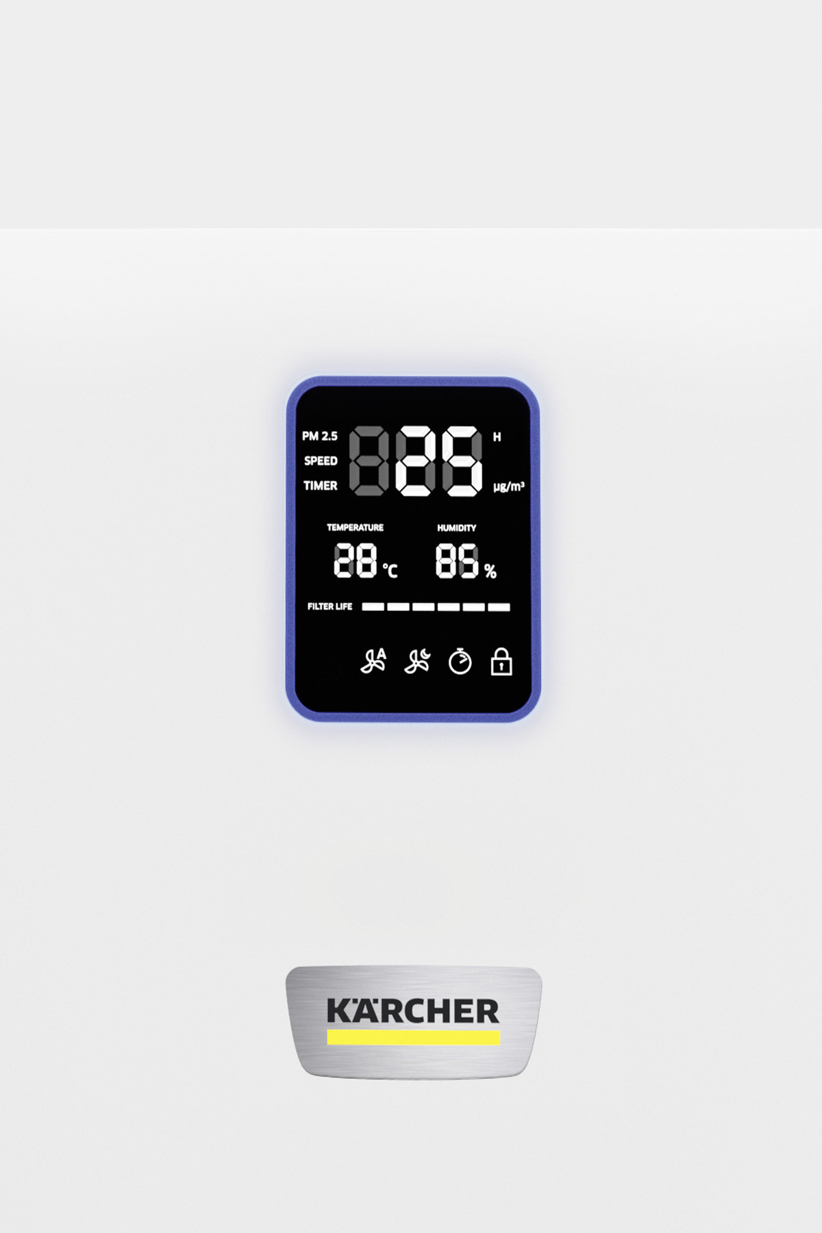 Weißer Kärcher Luftreiniger mit digitaler Anzeige und Messwerten.
