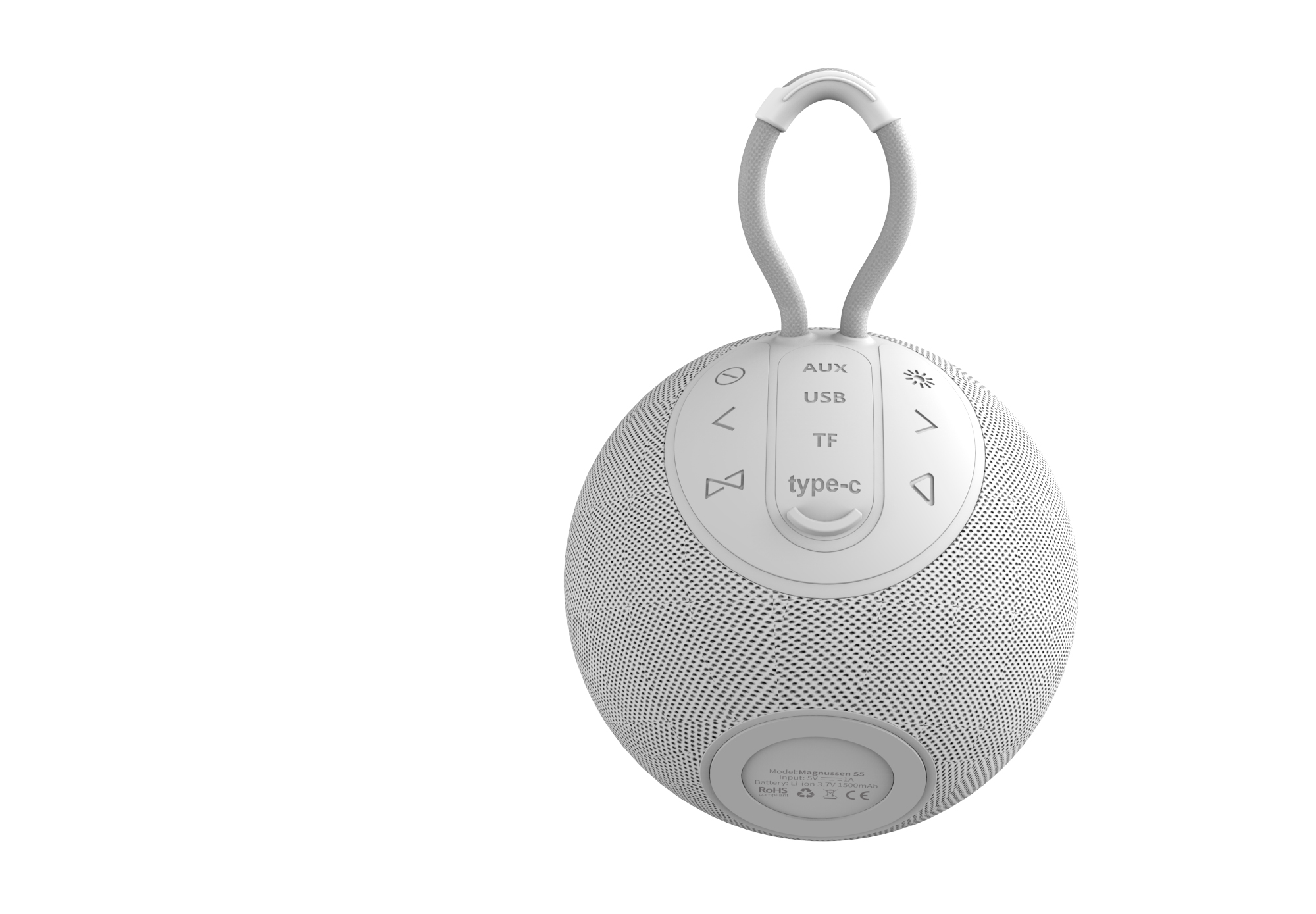 Altoparlante sferico bianco con anello per appenderlo e pulsanti di controllo. Etichette AUX, USB, TF e Type-C.