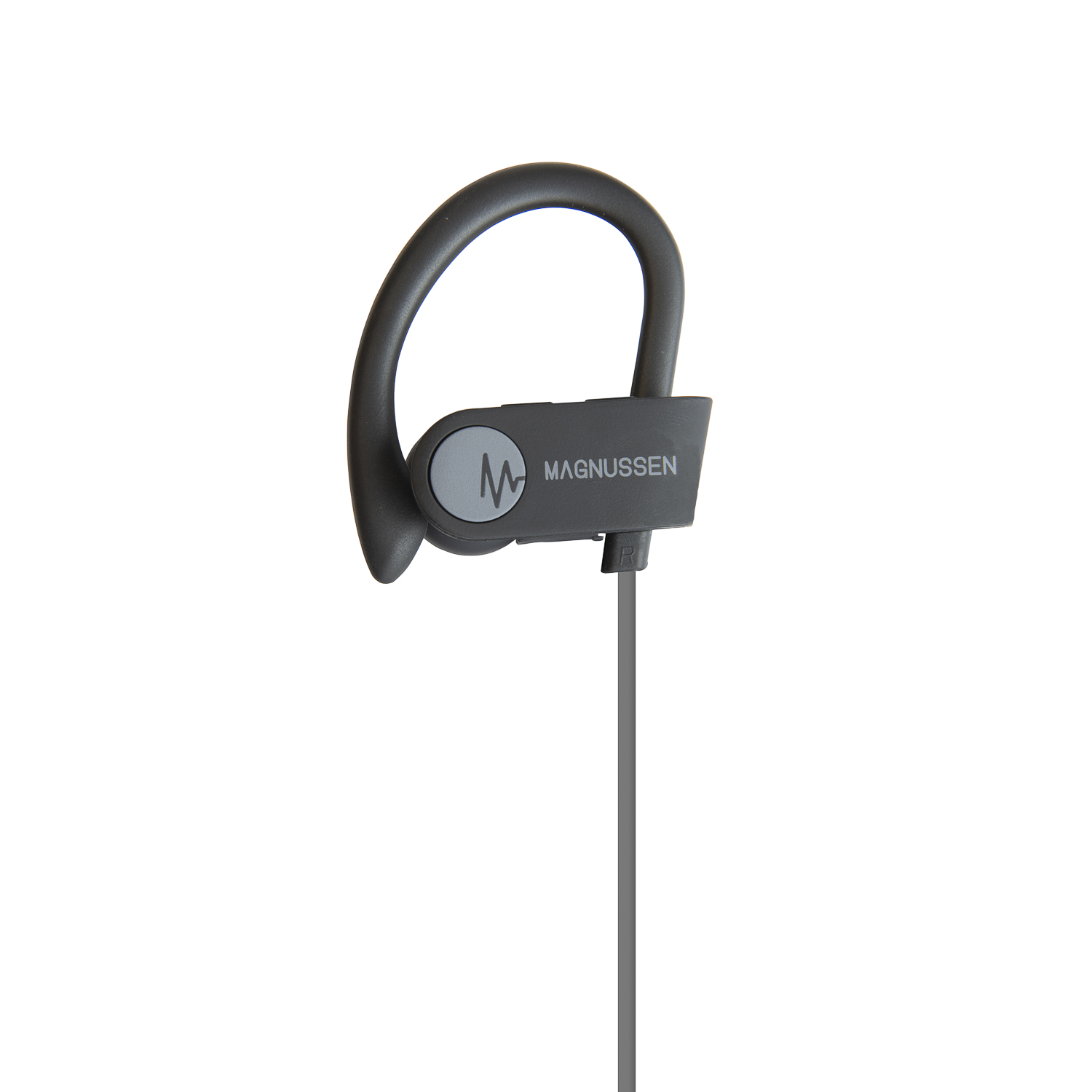 Auricular con gancho curvo para la oreja y la palabra 'Magnussen'. Gris y blanco.