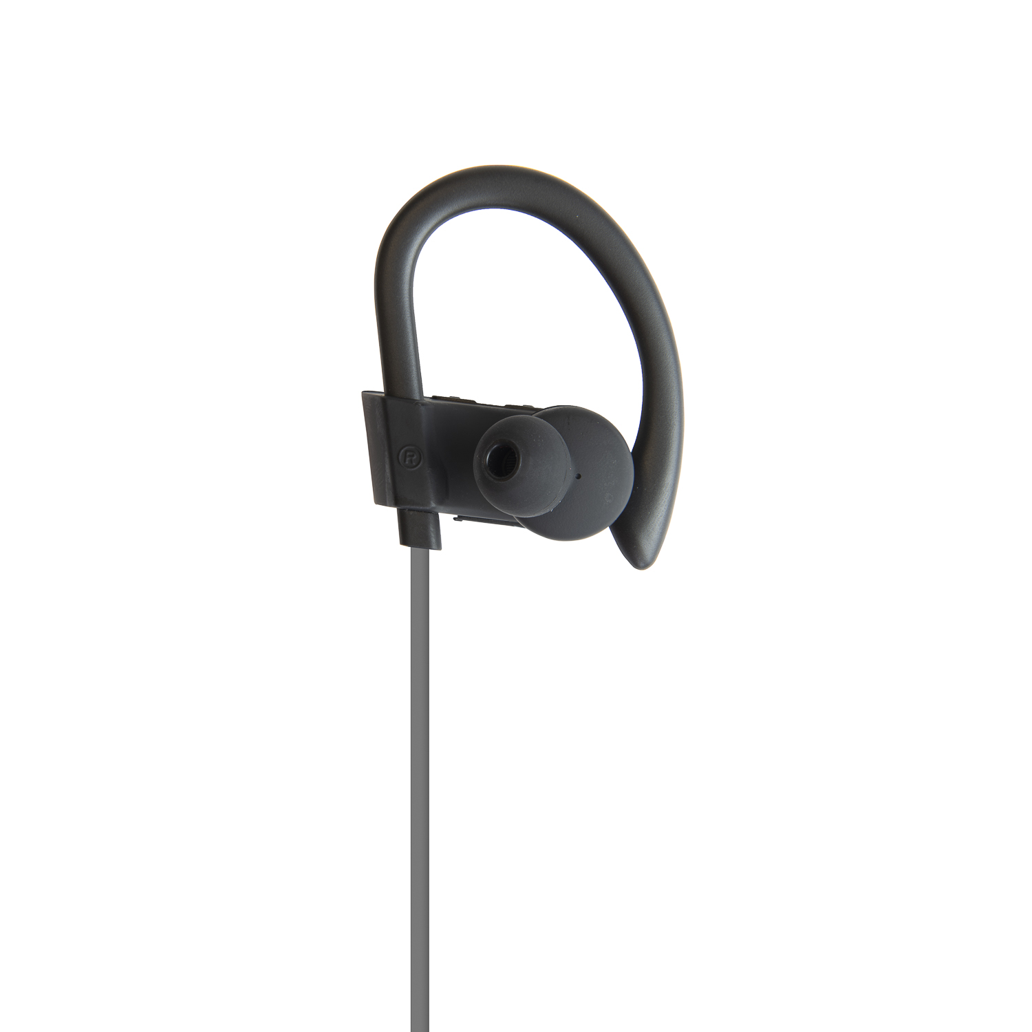 Auricular negro y gris con diseño de gancho curvo, aislado en blanco.