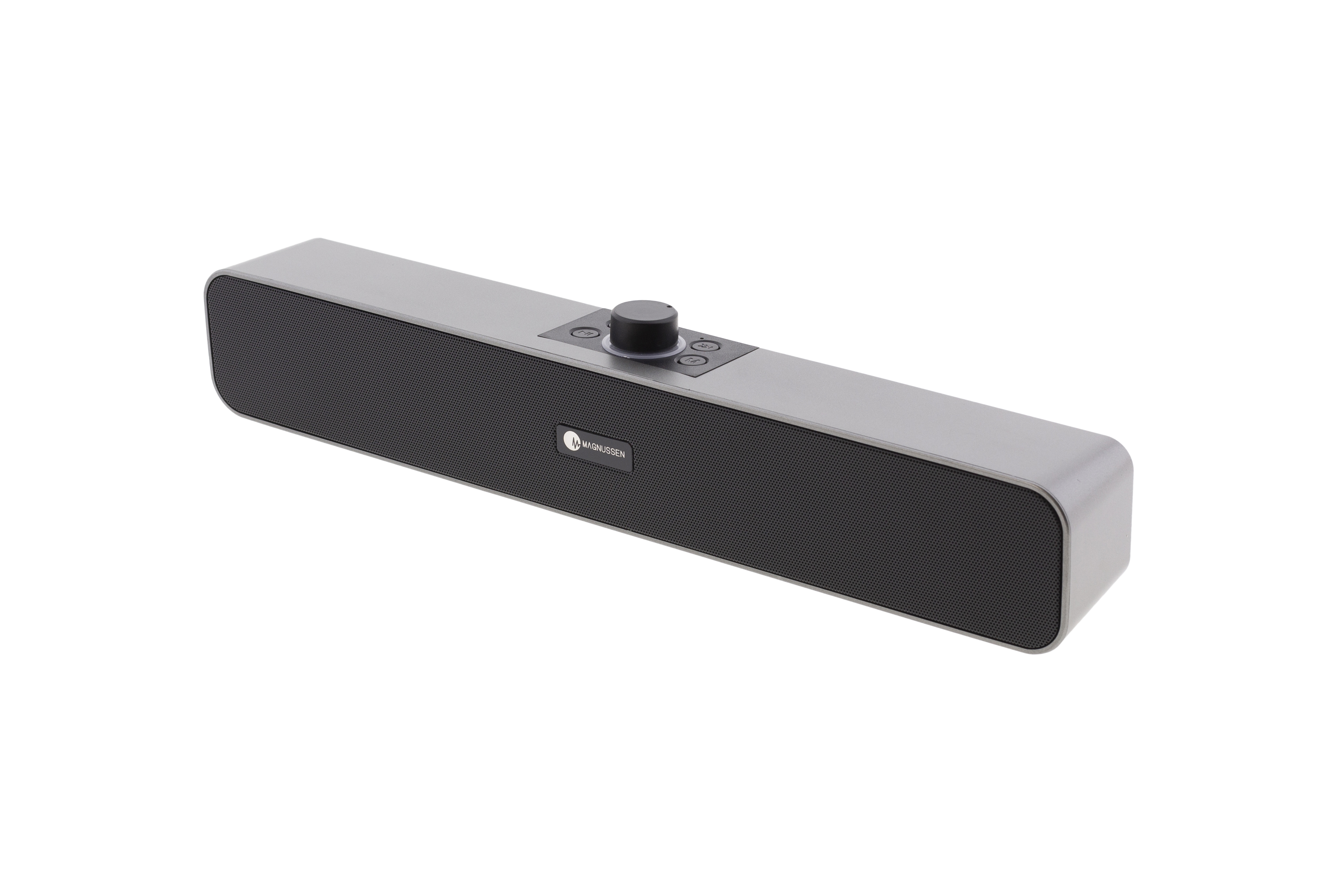 Soundbar grigia con griglia dell'altoparlante e pannello di controllo. È su sfondo bianco.
