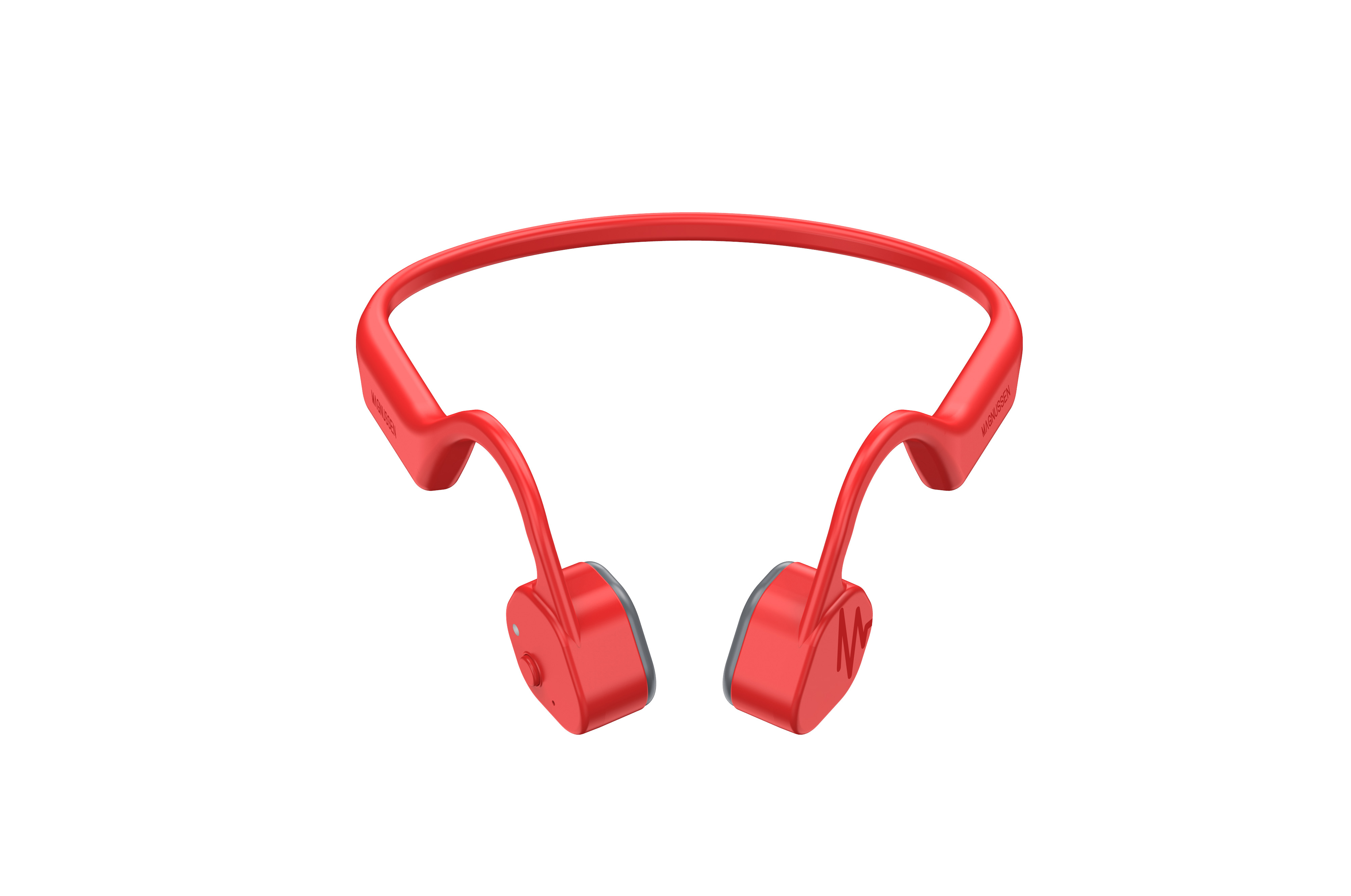 Auriculares de conducción ósea rojos. Los auriculares están diseñados para rodear las orejas.