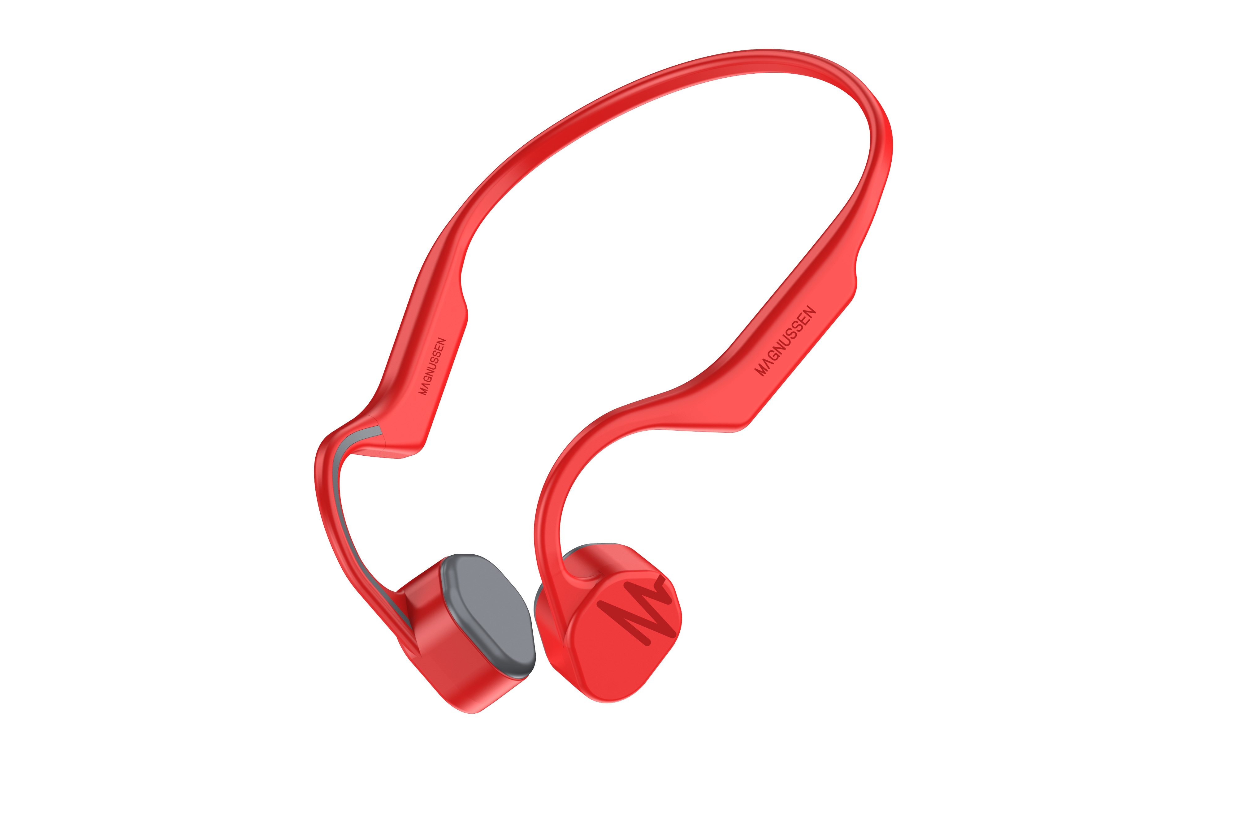 Auriculares de conducción ósea rojos sobre fondo blanco.