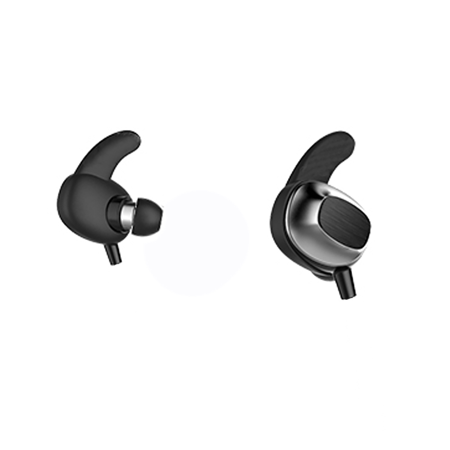 Dos auriculares negros y plateados, aislados sobre fondo blanco, inclinados hacia el espectador.