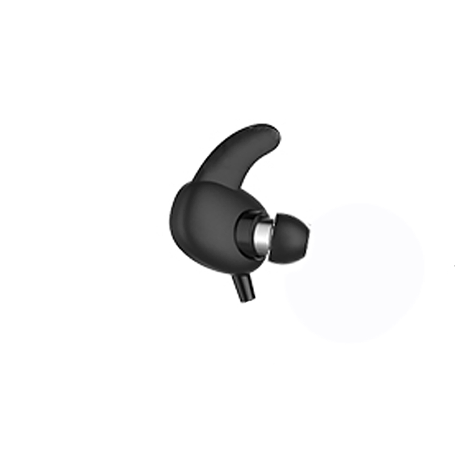 Auricular negro con diseño curvado, altavoz pequeño y punta plateada.