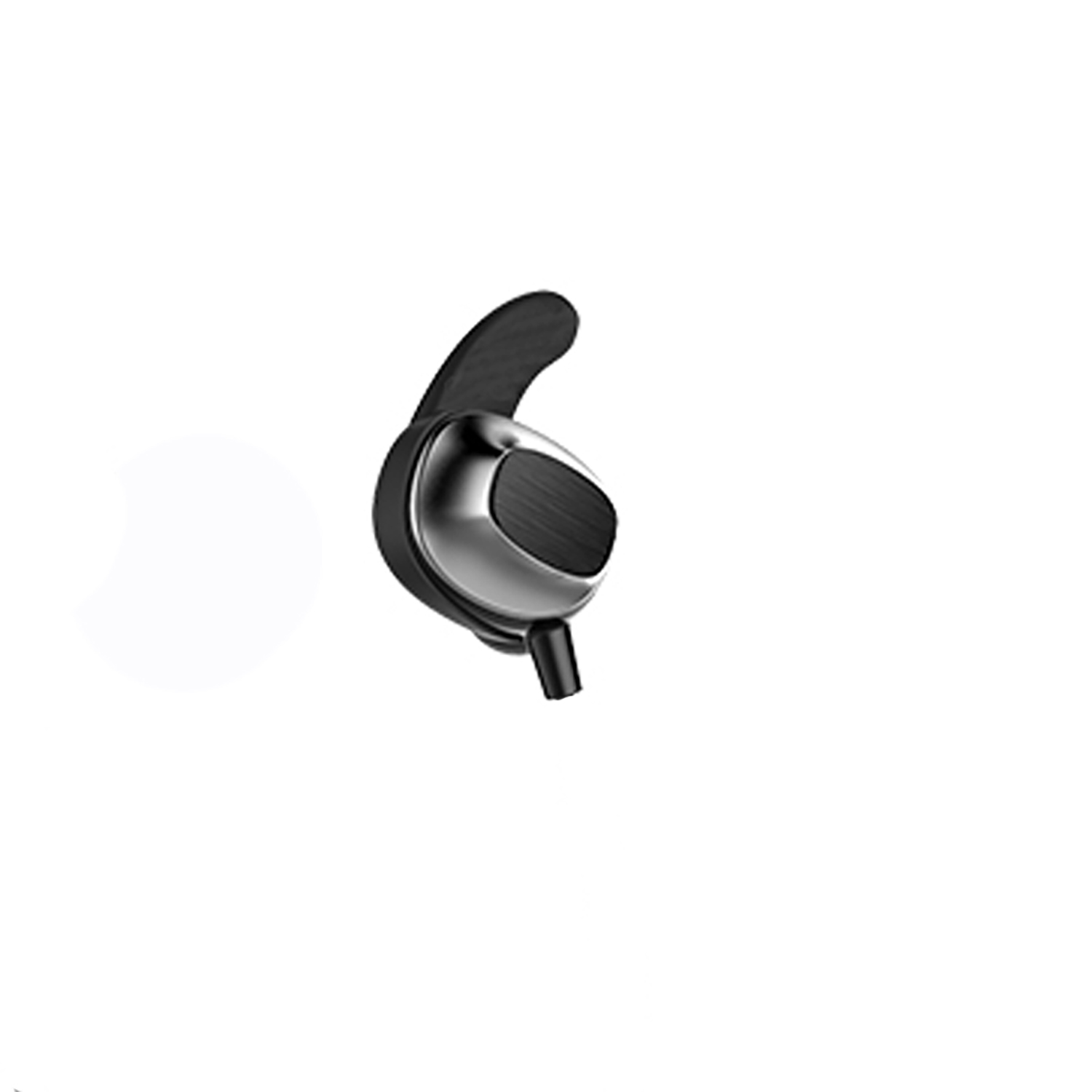 Un auricular inalámbrico negro y plateado, ligeramente inclinado.