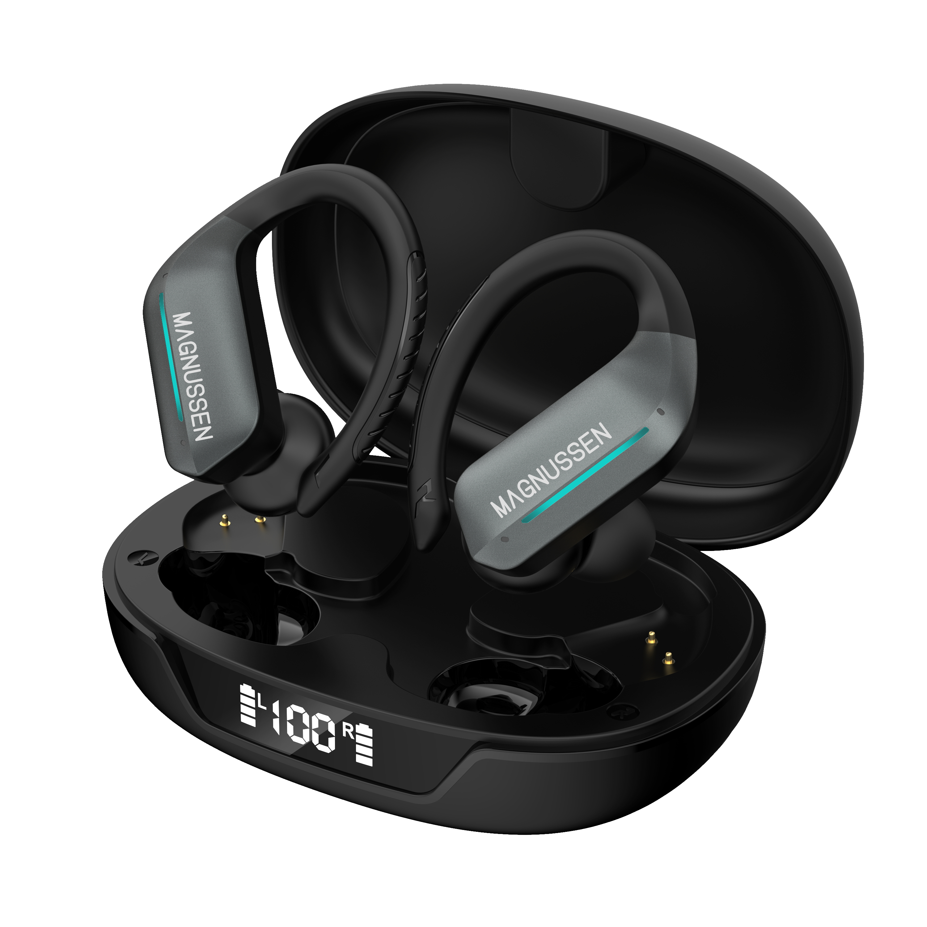 Auriculares inalámbricos en un estuche de carga, marca 'MAGNUSSEN'.