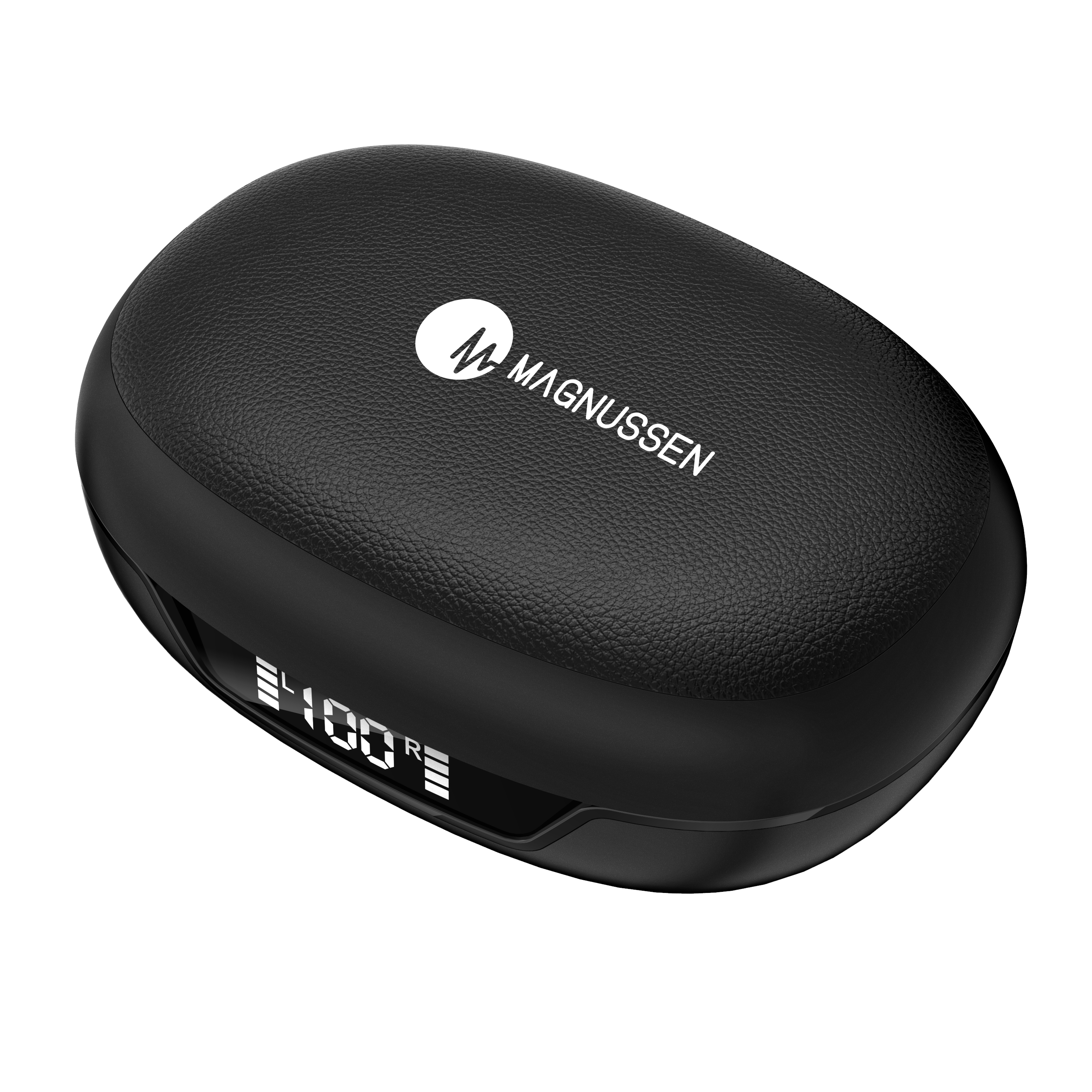 Funda de carga para auriculares Magnussen negros. La funda es ovalada con pantalla digital.