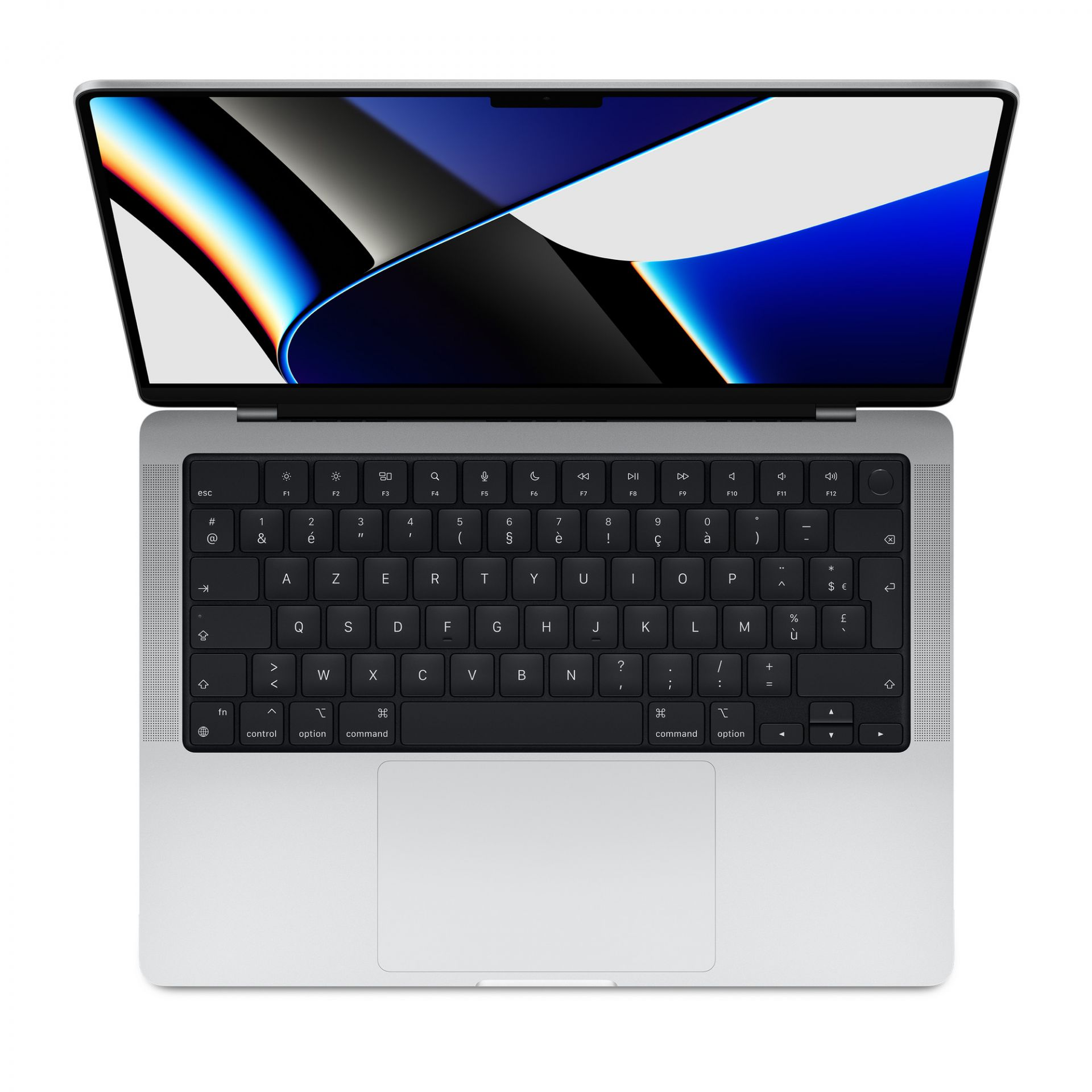 Una computadora portátil plateada está abierta, vista superior. La pantalla muestra un diseño abstracto azul y blanco. Teclado visible.