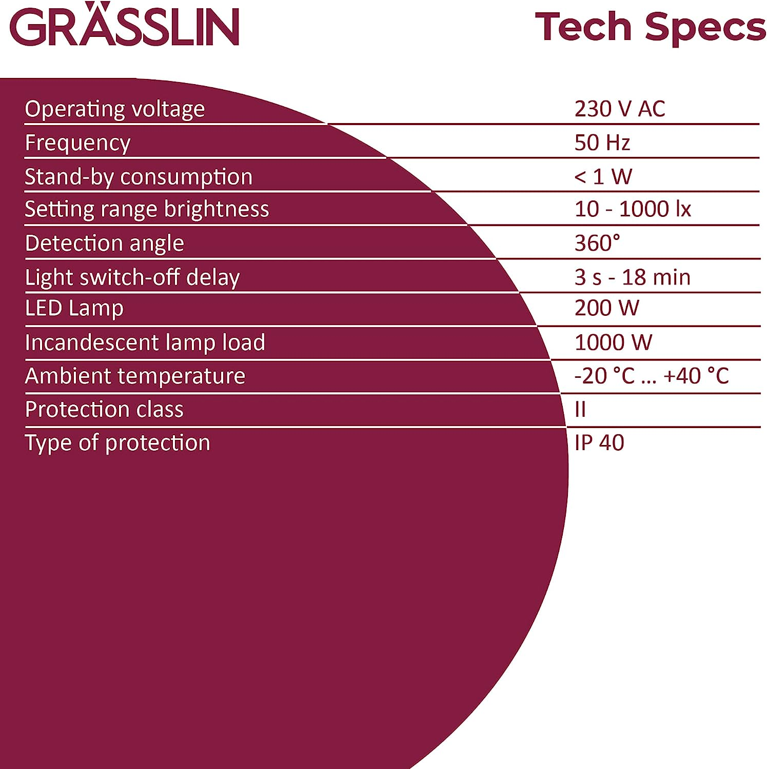 Technische Spezifikationstabelle mit Text. Die Marke Grässlin ist vorhanden.