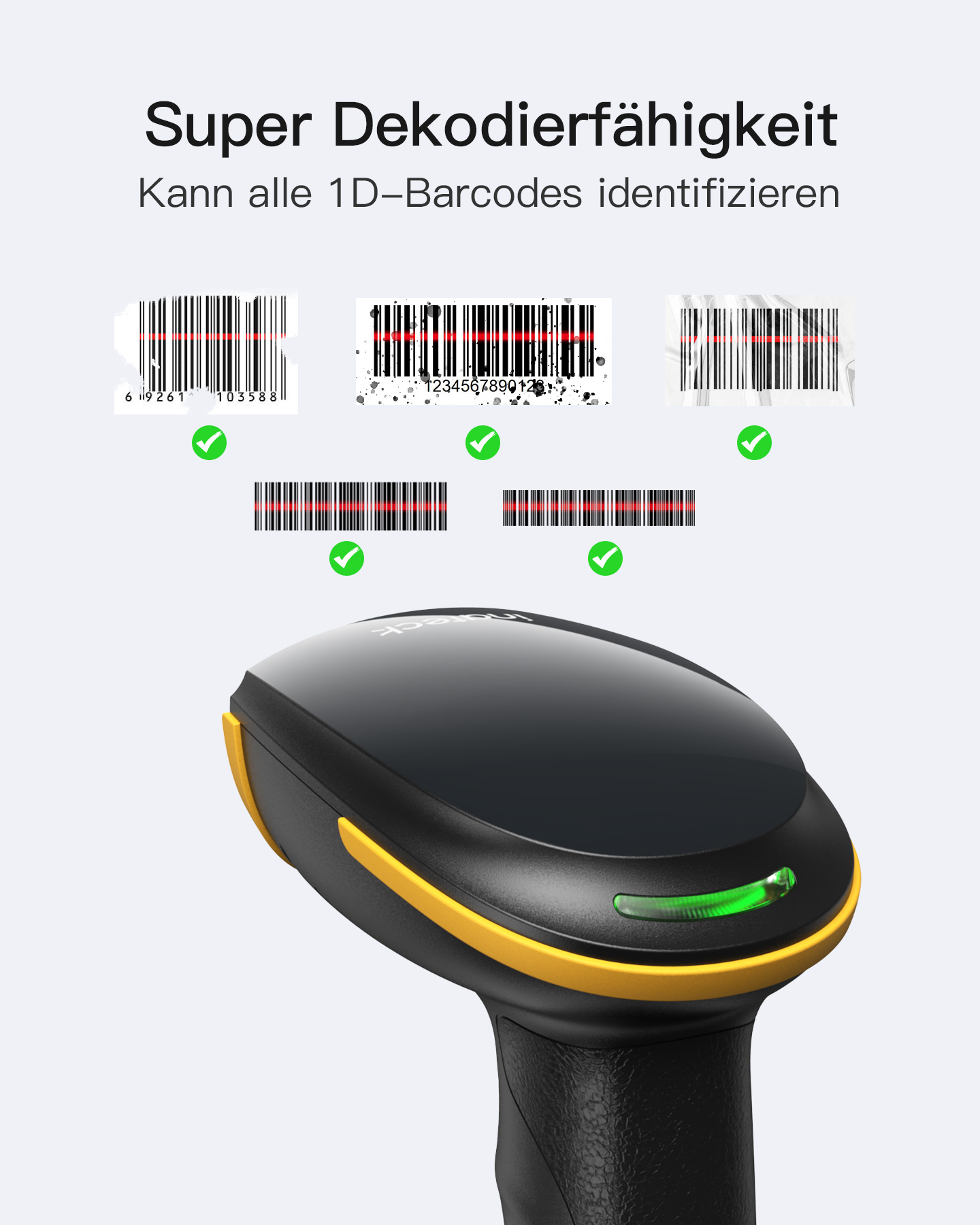 Ein Barcode-Scanner mit grünem Licht und Text über 1D-Barcodes.