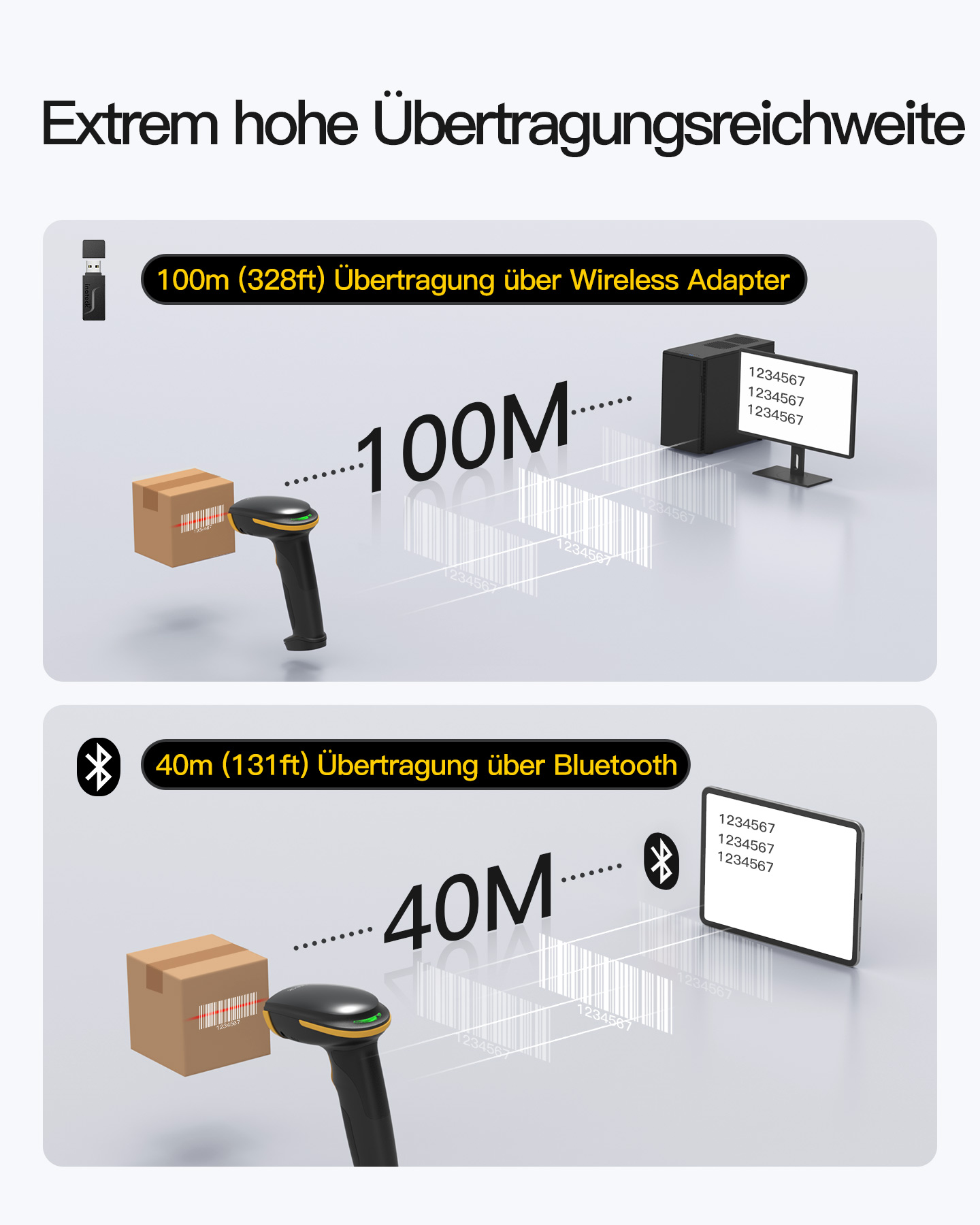 Ein Barcodescanner überträgt Daten per Funk oder Bluetooth an einen Computer oder Tablet.