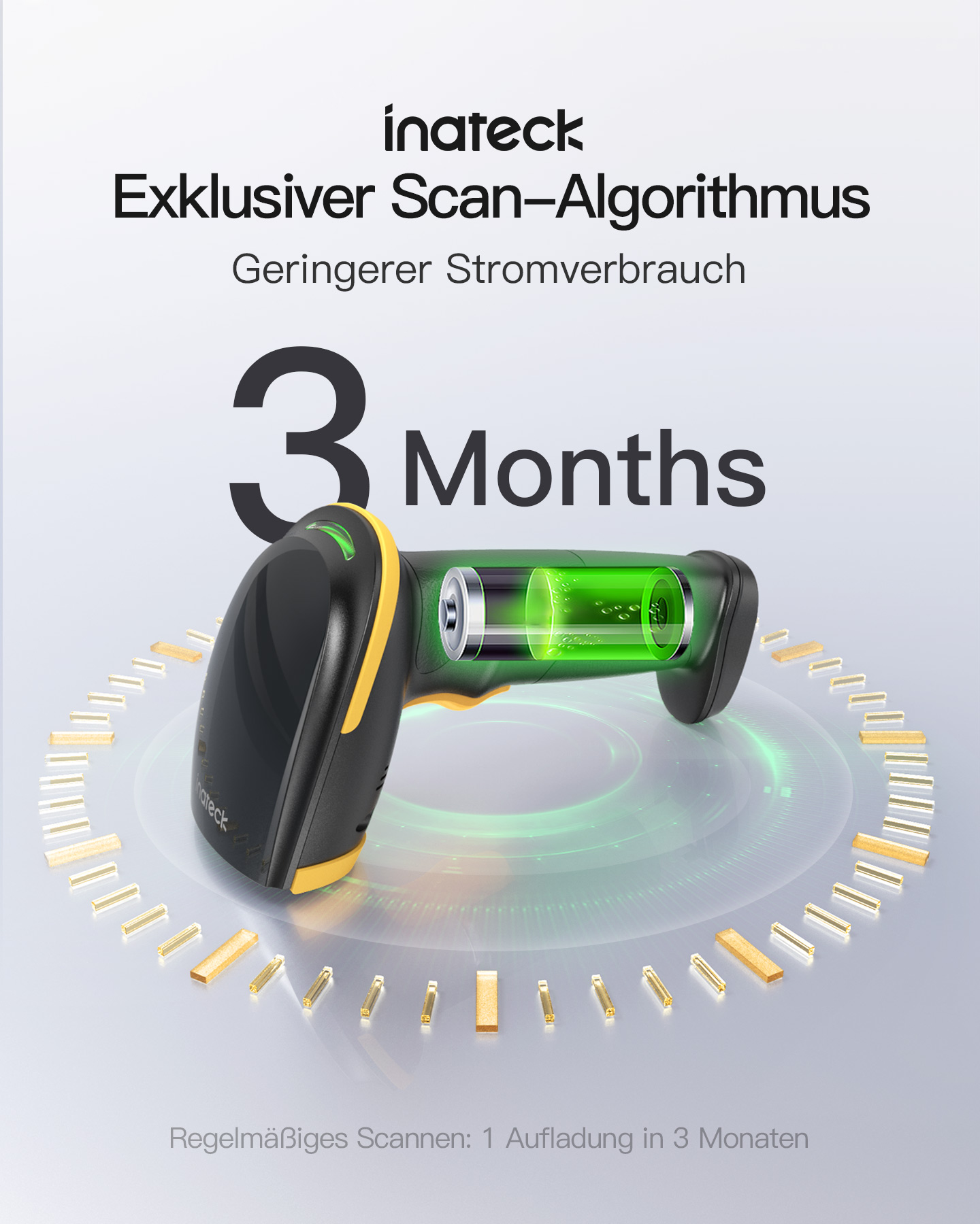 Ein schwarz-gelber Barcode-Scanner mit grünem Licht zur Anzeige des Akkustands.