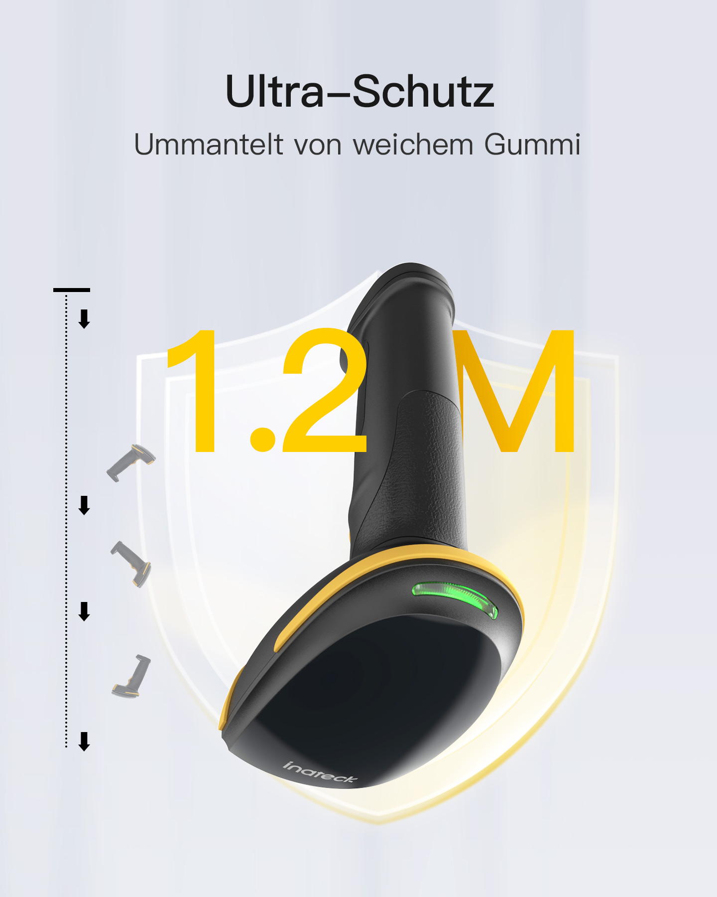 Ein Barcodescanner mit gelben Akzenten. Er hat einen schwarzen Körper mit Text. Der Text lautet 1,2M und Ultra-Schutz.