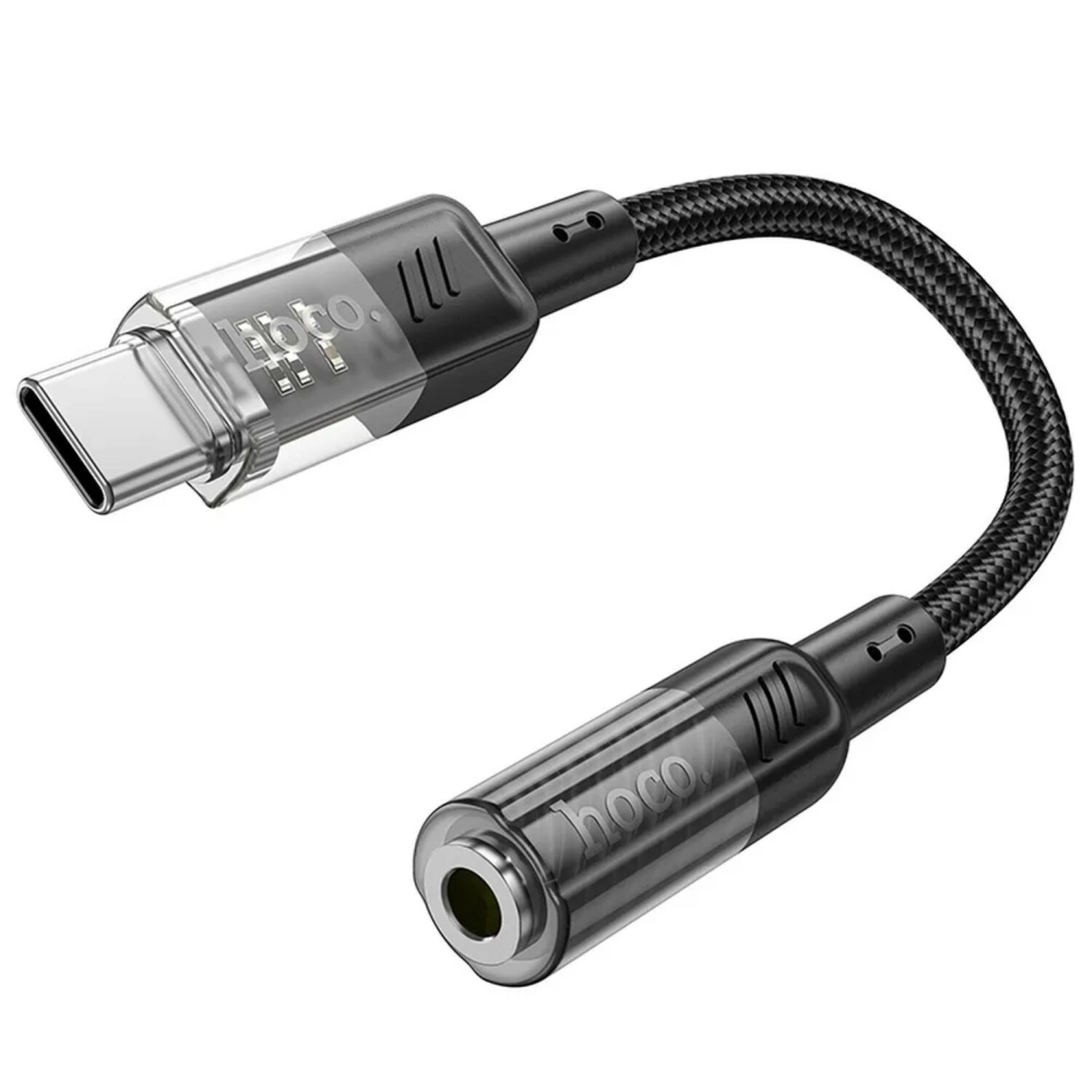 USB-C-zu-3,5-mm-Audioadapter. Schwarzes und transparentes Design. Weißer Hintergrund.