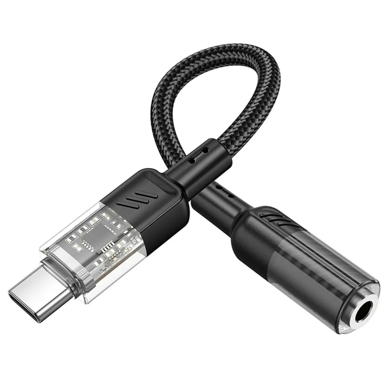 Schwarzer USB-C-auf-3,5-mm-Audioadapter mit transparentem Abschnitt, der interne Komponenten zeigt.