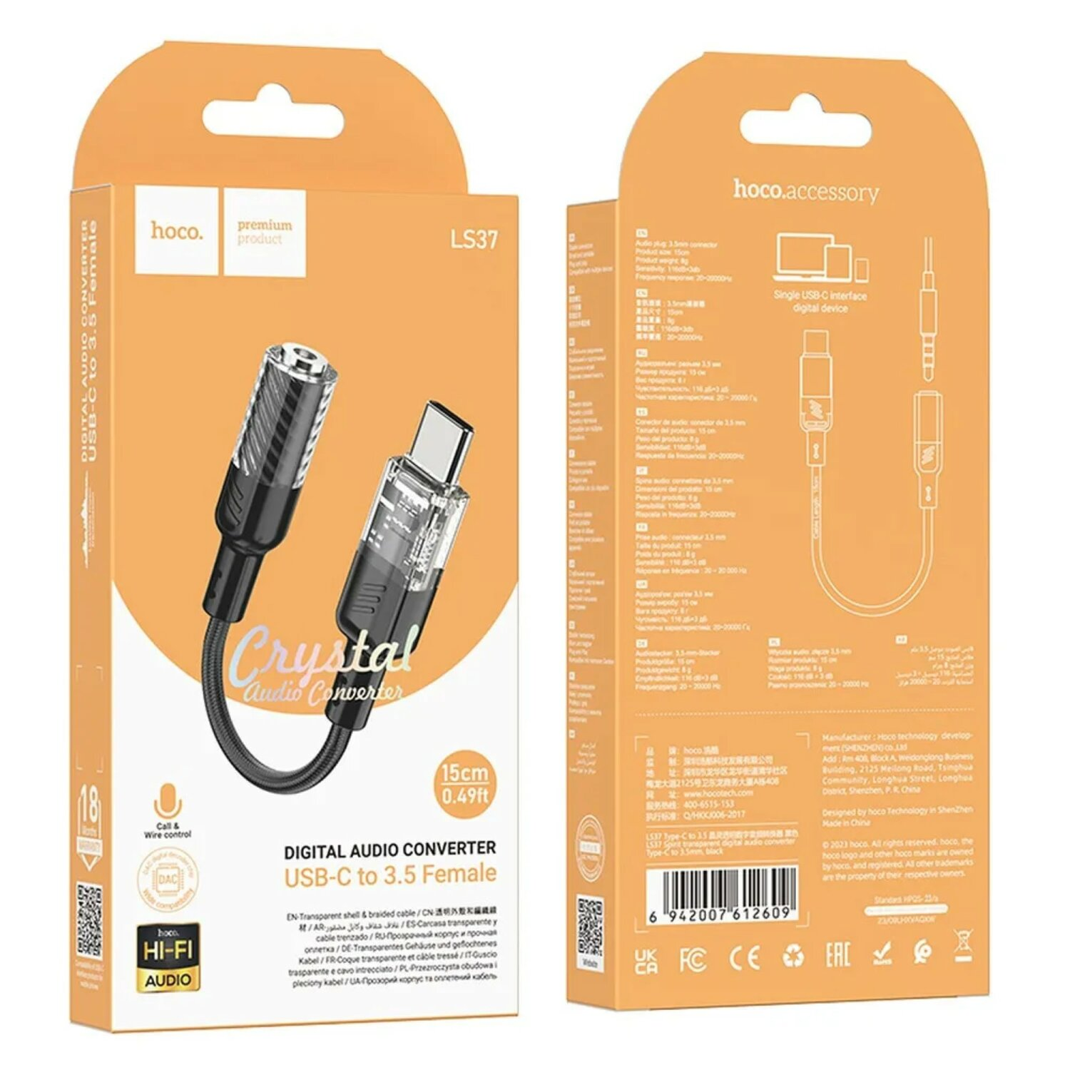 Digitaler Audio-Konverter, schwarzes Kabel und USB-C auf 3,5-mm-Buchse.