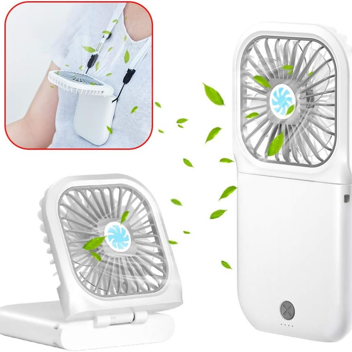 Weißer tragbarer Ventilator, um den Hals getragen. Ventilator hat Flügel. Grüne Blätter wehen.