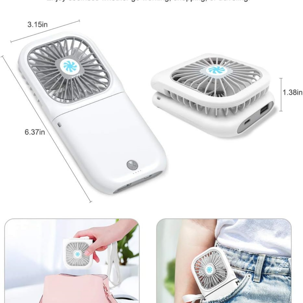 Ein weißer tragbarer Ventilator, gefaltet und entfaltet, mit Abmessungen. Der Ventilator wird im Einsatz gezeigt.