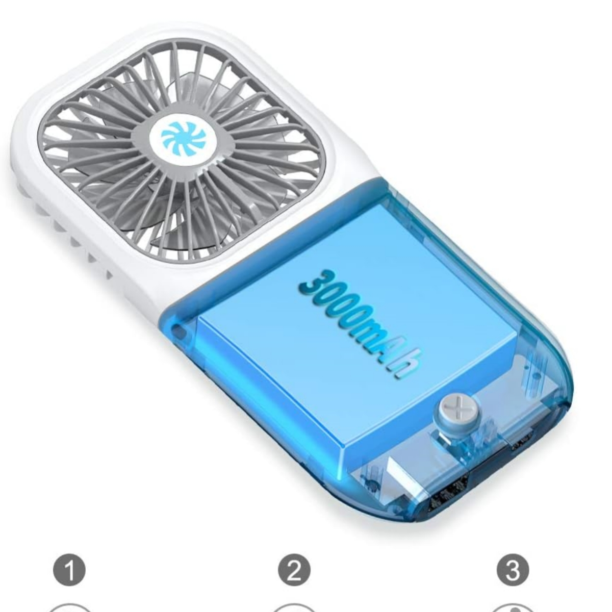 Ein weiß-blauer tragbarer Ventilator mit blauem Batteriefach und einem Lüftersymbol.