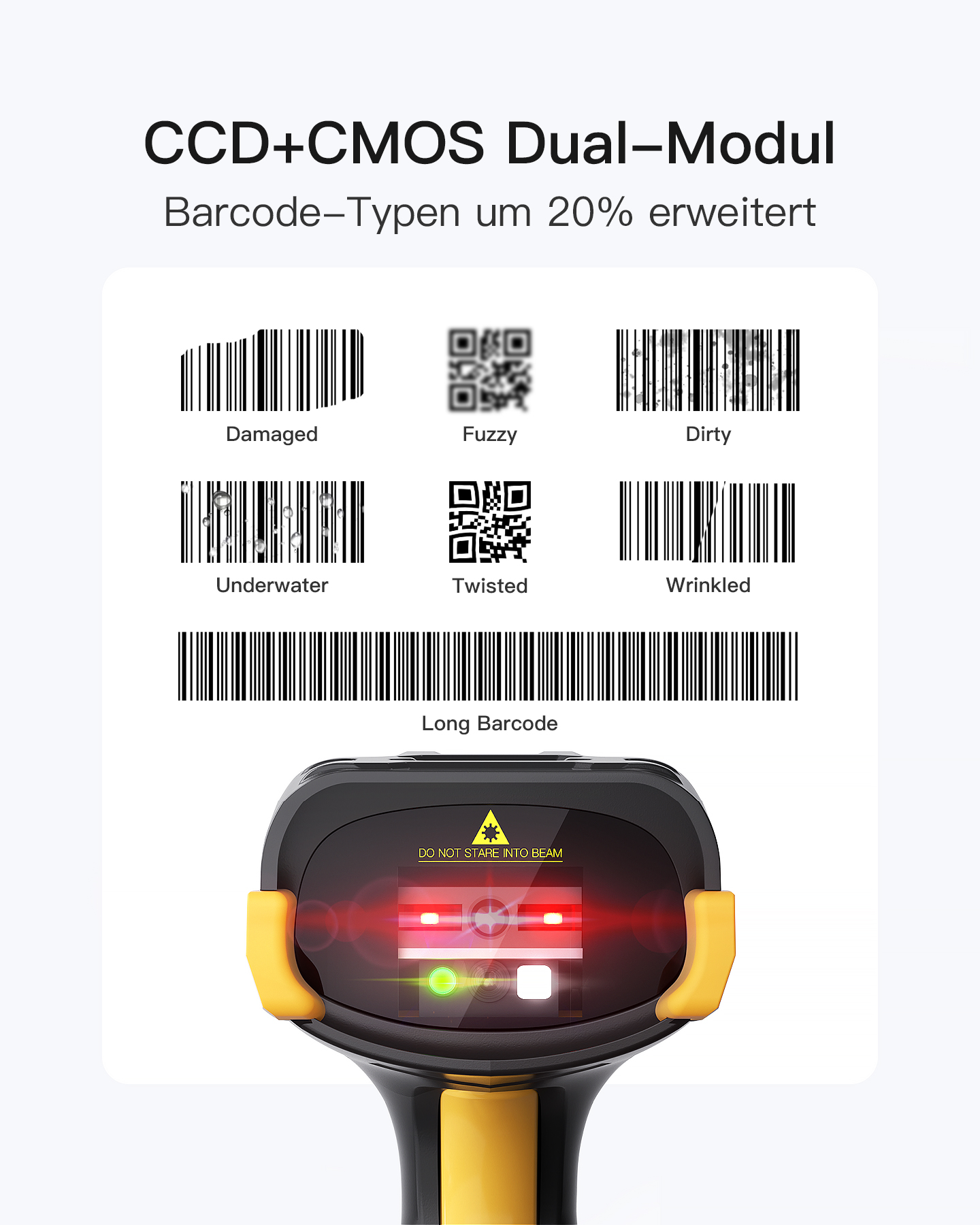 Scanner di codici a barre con vari tipi di codici a barre su sfondo bianco. Mostra uno scanner giallo e nero.