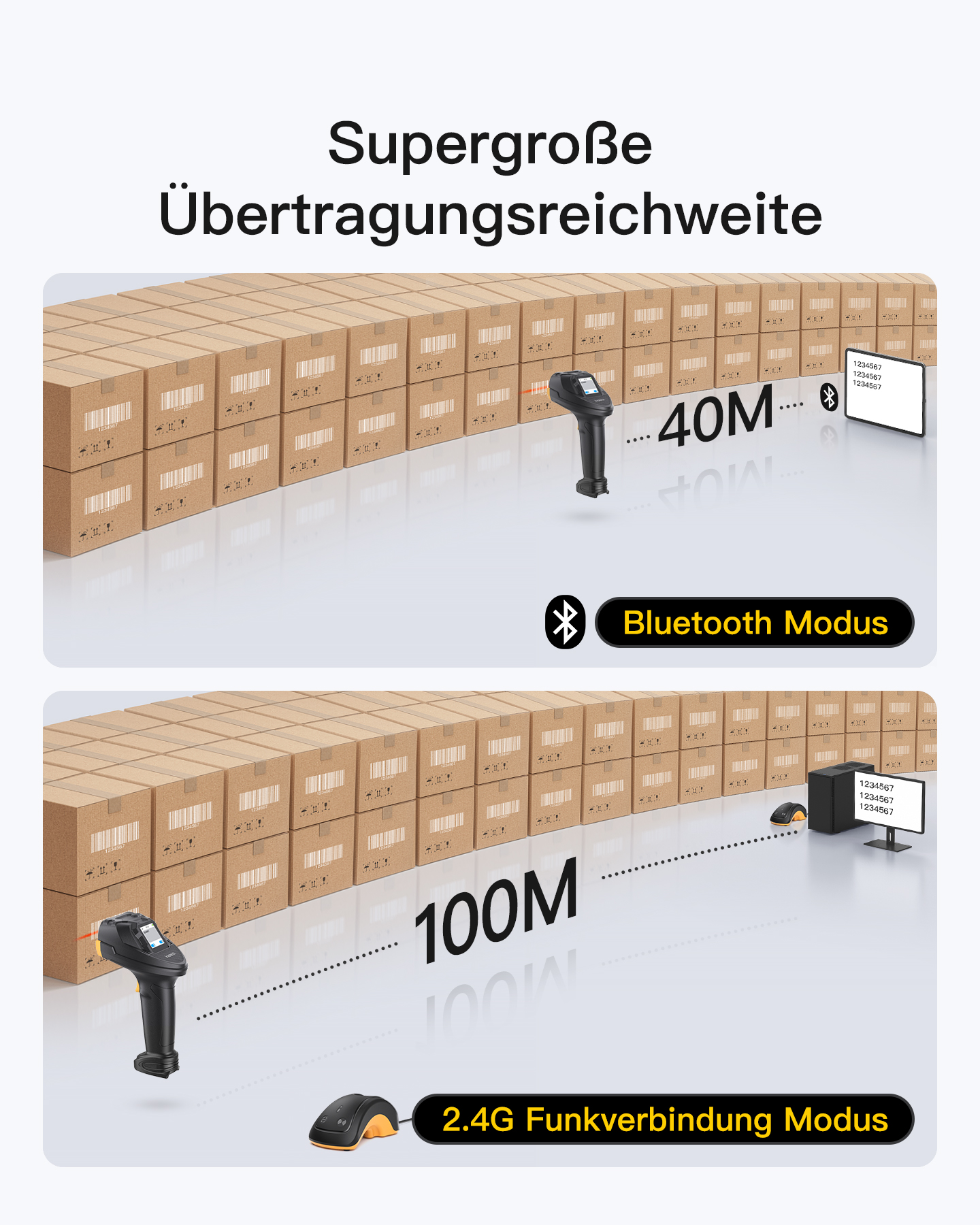 Due diagrammi di uno scanner di codici a barre. Uno per Bluetooth, uno per la modalità 2.4G, che mostra la portata.