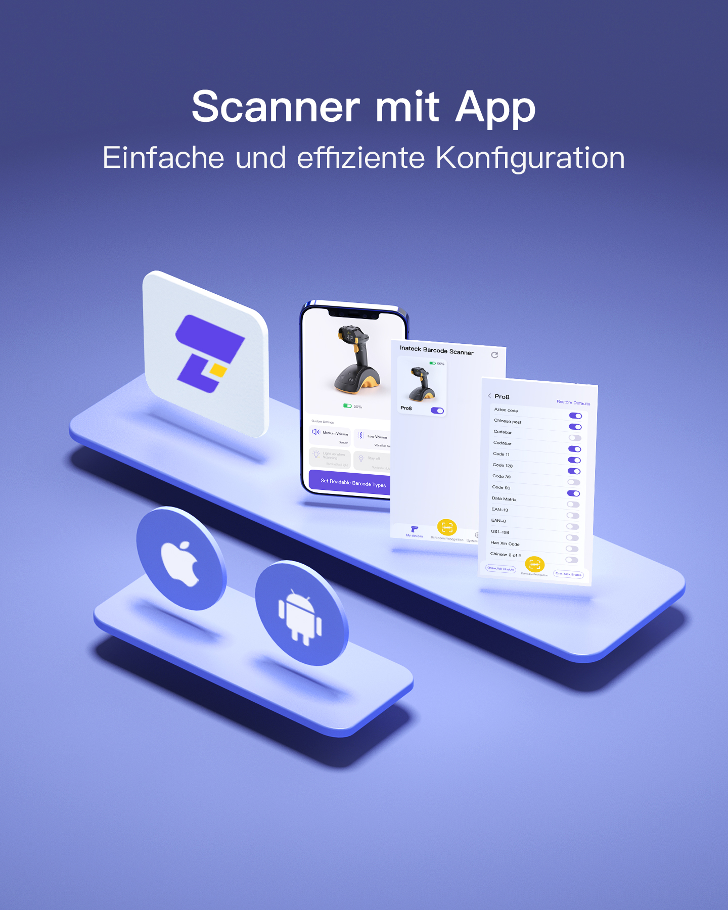 Un telefono con un'interfaccia dell'app scanner di codici a barre è visualizzato su una superficie viola.