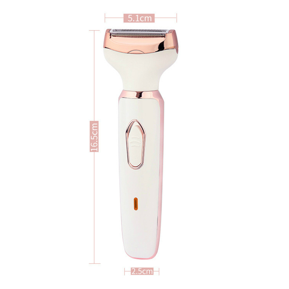 Elektrischer Rasierer mit weißem Gehäuse, roségoldenen Details und Maßen. Er ist 16,5 cm hoch und 5,1 cm breit.