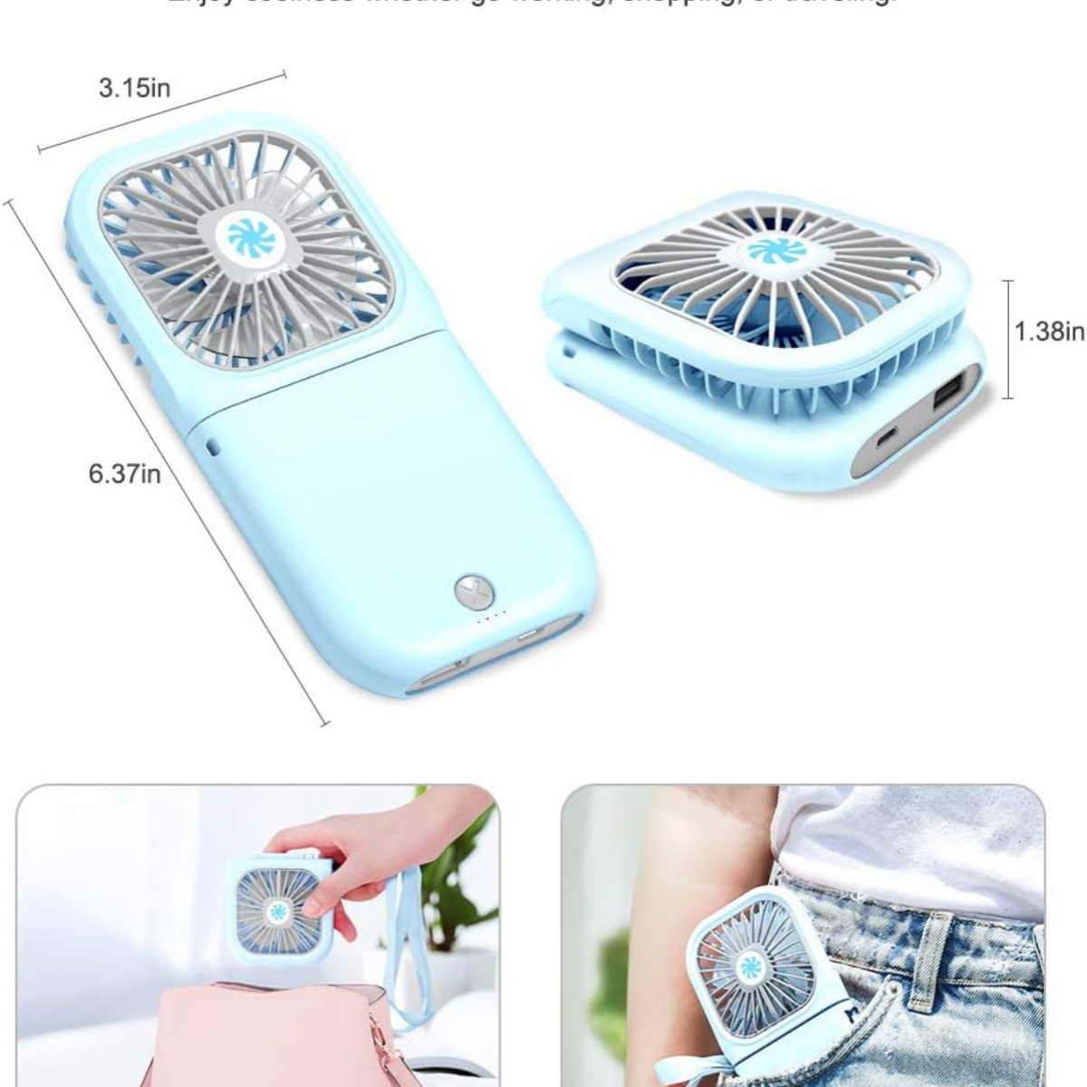 Ein tragbarer blauer Ventilator, gefaltet und entfaltet, mit Abmessungen.