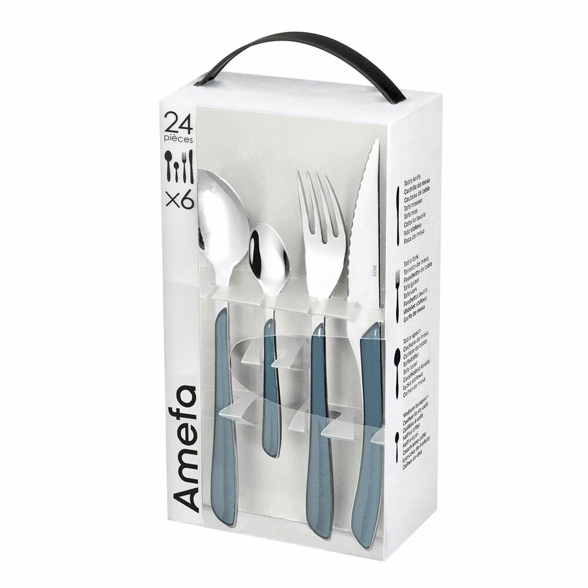 Set di posate in una scatola trasparente con manico. Il set include forchette, coltelli e cucchiai.