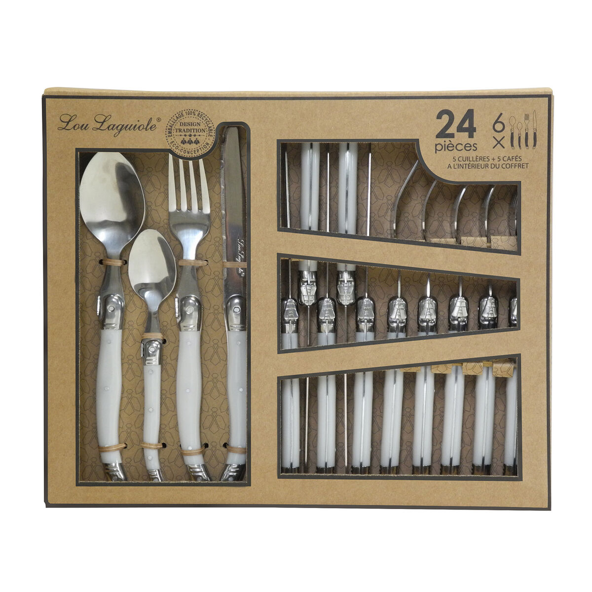 Ein verpacktes Set von Laguiole Besteck einschließlich Löffel, Gabeln, Messern und Kaffeelöffeln.