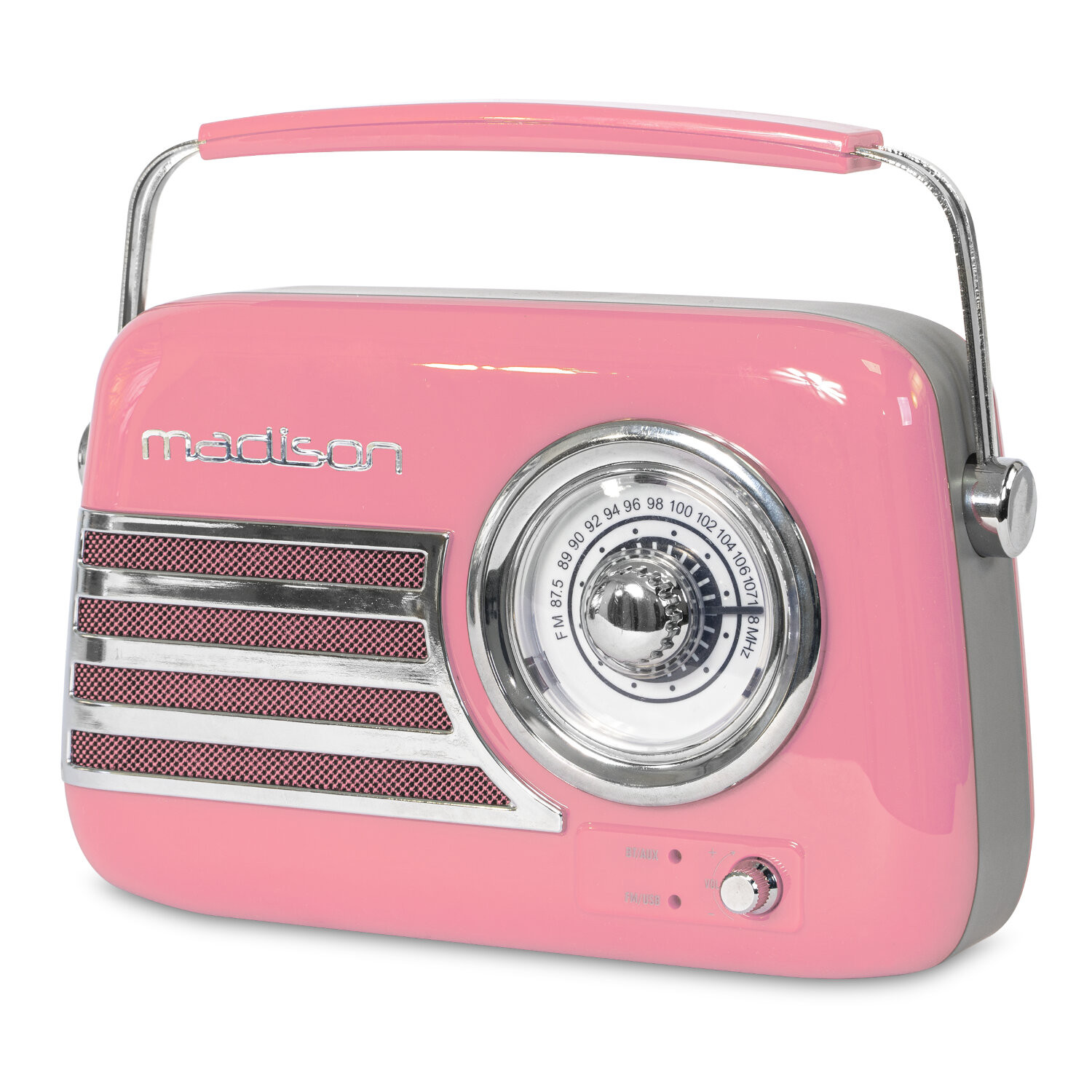 Ein pinkes Retro-Radio mit Griff. Es hat ein Zifferblatt, einen Lautsprecher und eine Antenne.
