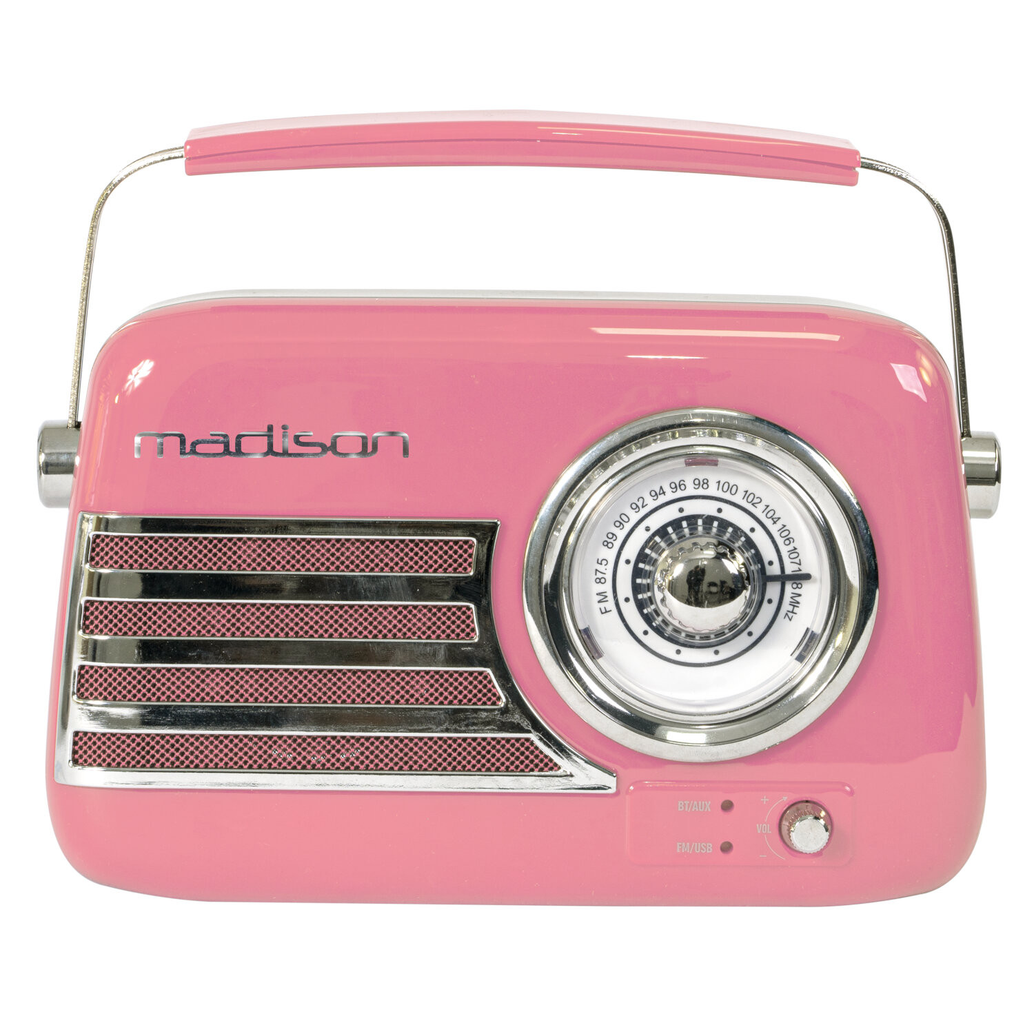 Rosa Retro-Radio mit Chromakzenten, Griff und Drehknopf. Der Markenname 'madison' ist sichtbar.