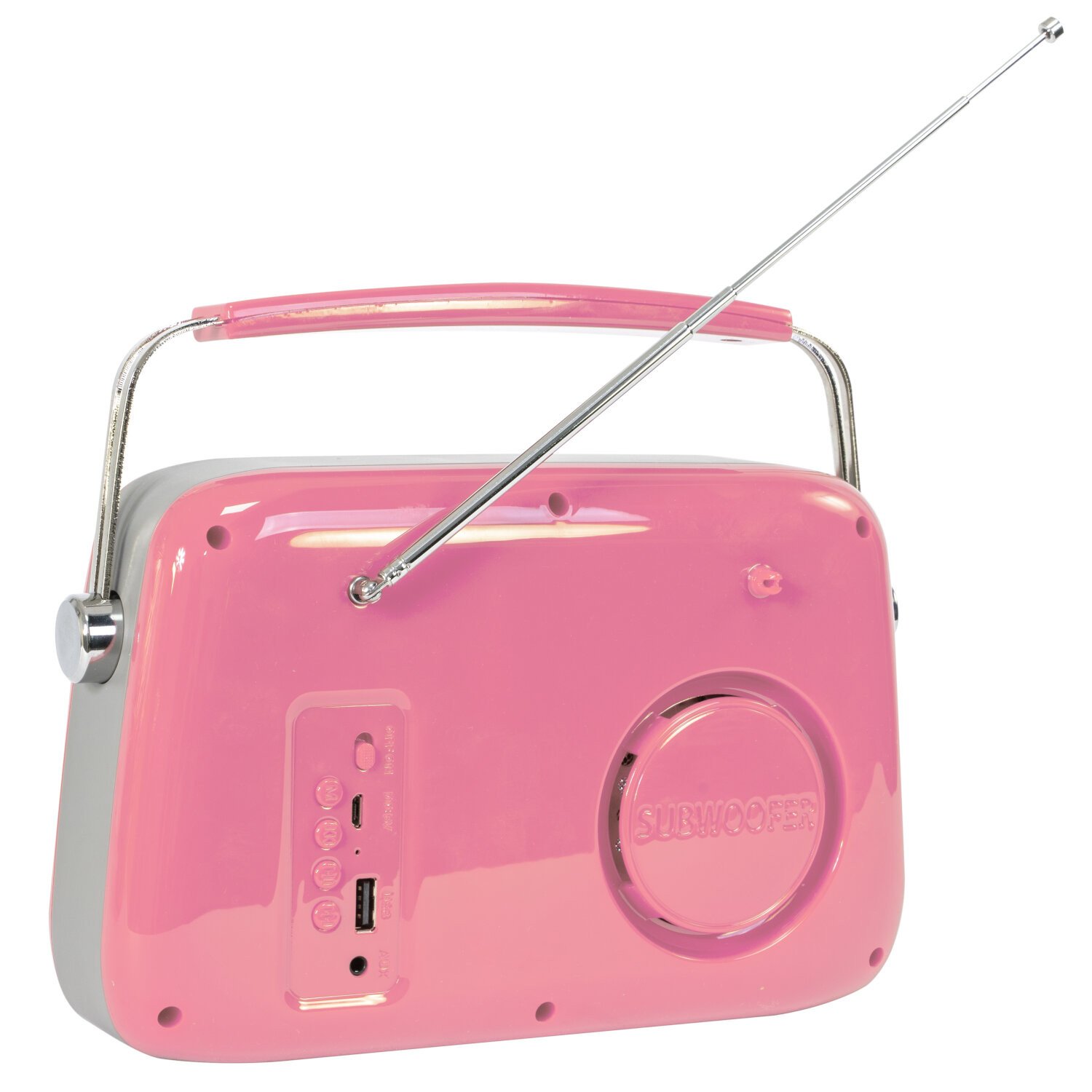 Pinkes und graues Radio im Retro-Stil mit Antenne. Rückansicht.