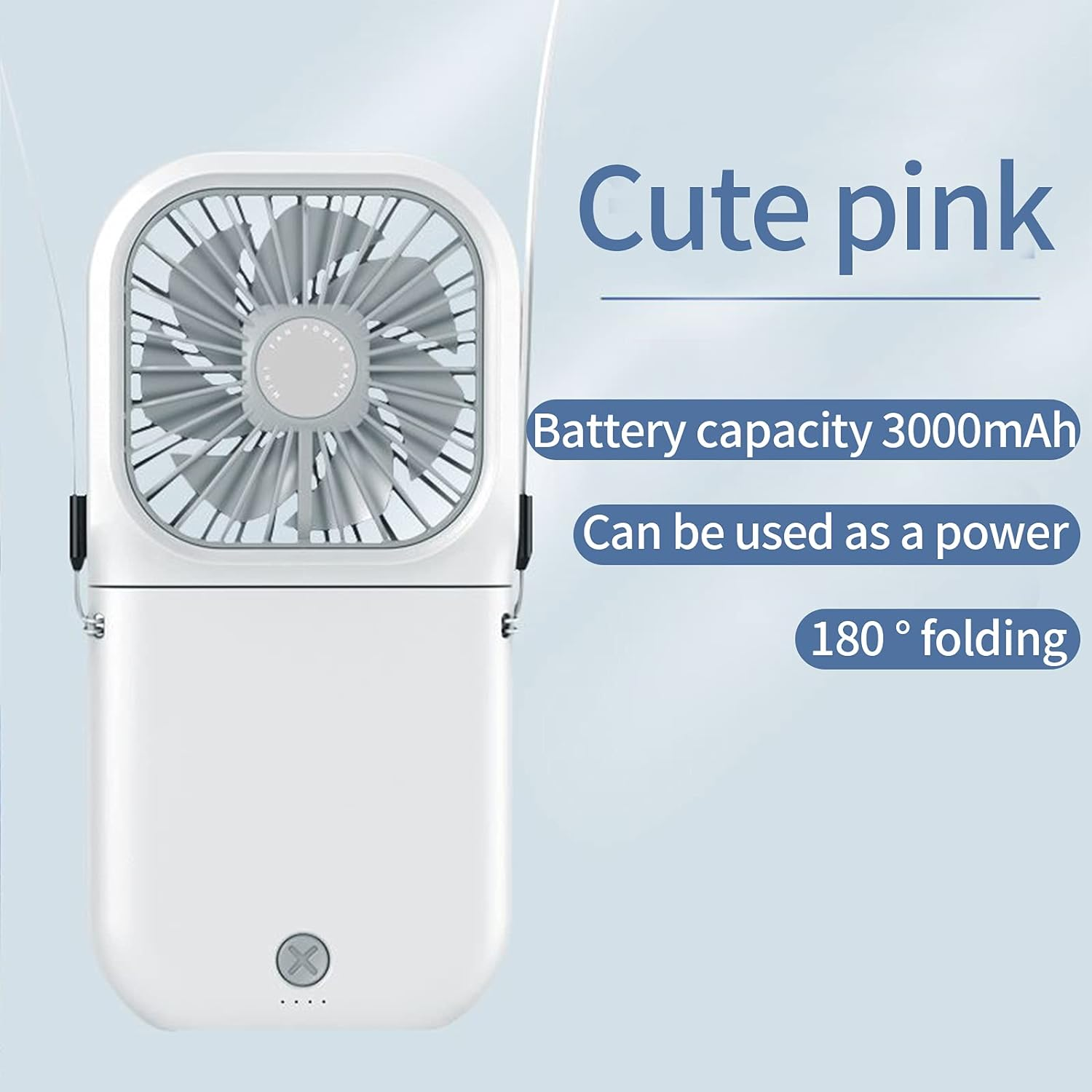 Ein weißer, tragbarer Ventilator mit grauem Ventilator und Text, der „Cute Pink“ und Spezifikationen lautet.