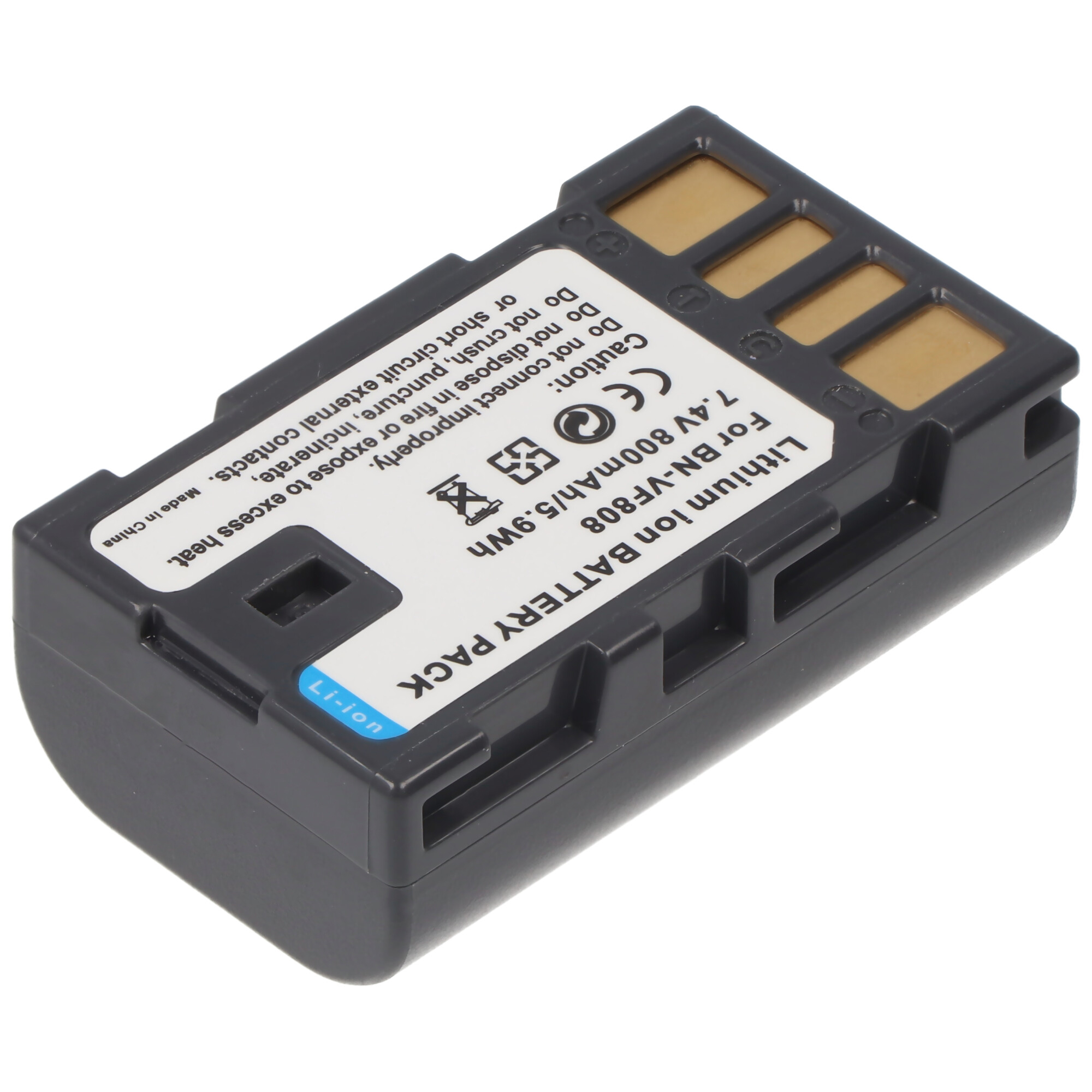 Pacco batteria nero con etichette e testo bianchi, vista angolata su superficie bianca.
