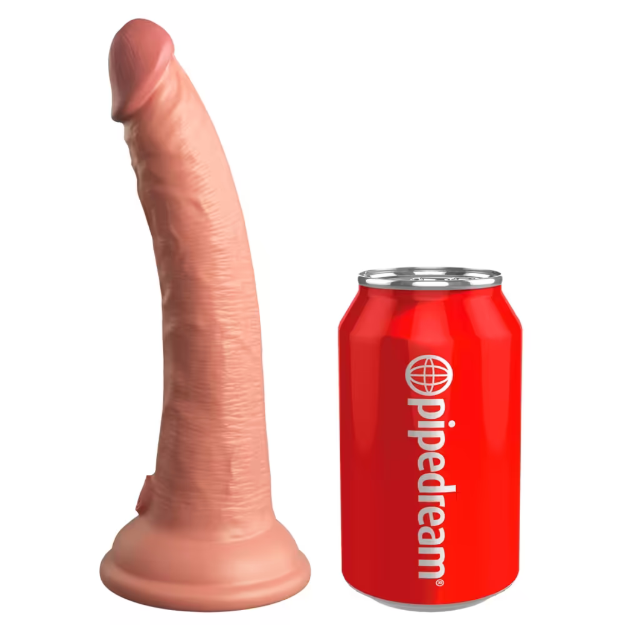 Ein fleischfarbener Dildo steht neben einer roten Dose mit der Aufschrift 'pipedream'.