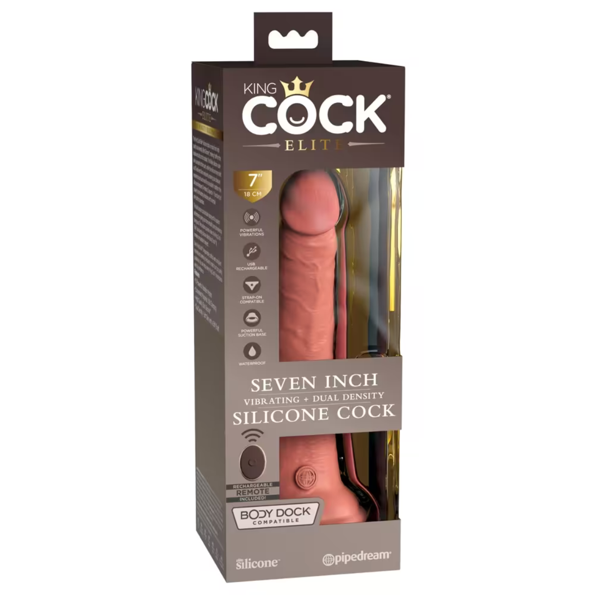 Eine Box mit einem 7-Zoll-Silikonvibrator. Auf der Box steht 'King Cock Elite', 'Rechargeable Remote Included' und 'Body Dock Compatible'.