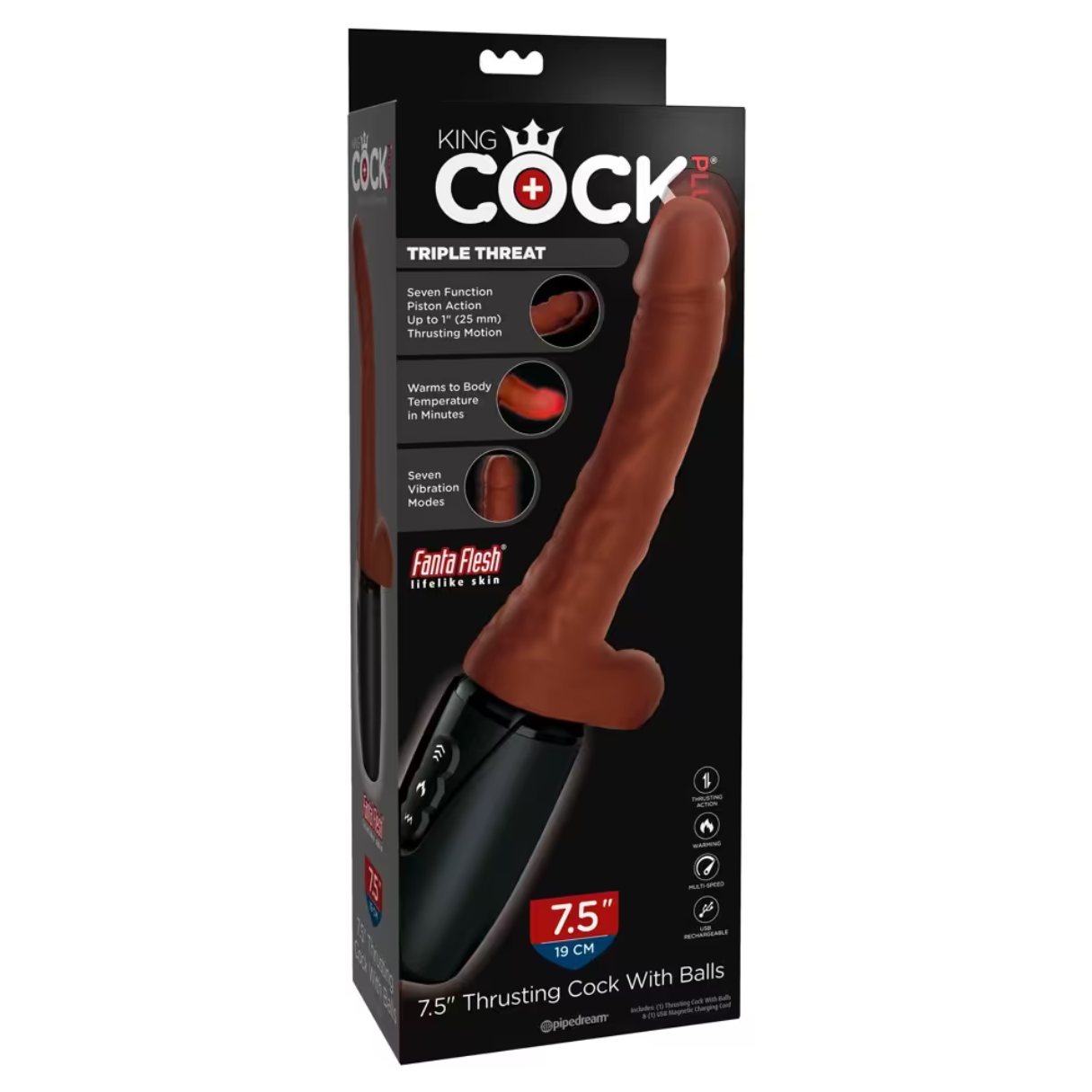 Juguete sexual en caja. Dildo marrón con base negra y botones de control. Texto e imágenes en la caja.