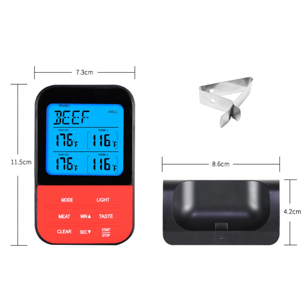 Digitales Fleischthermometer mit Abmessungen. Inklusive Clip.