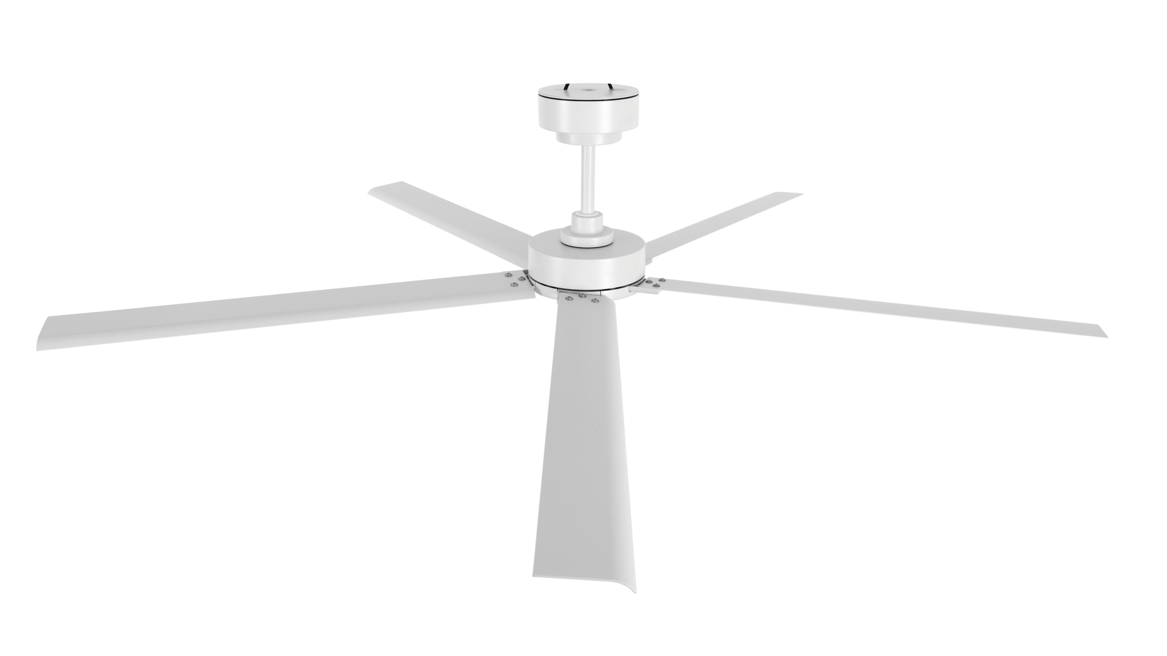 Ein weißer Deckenventilator mit fünf Flügeln. Er hängt von der Decke vor einem weißen Hintergrund.