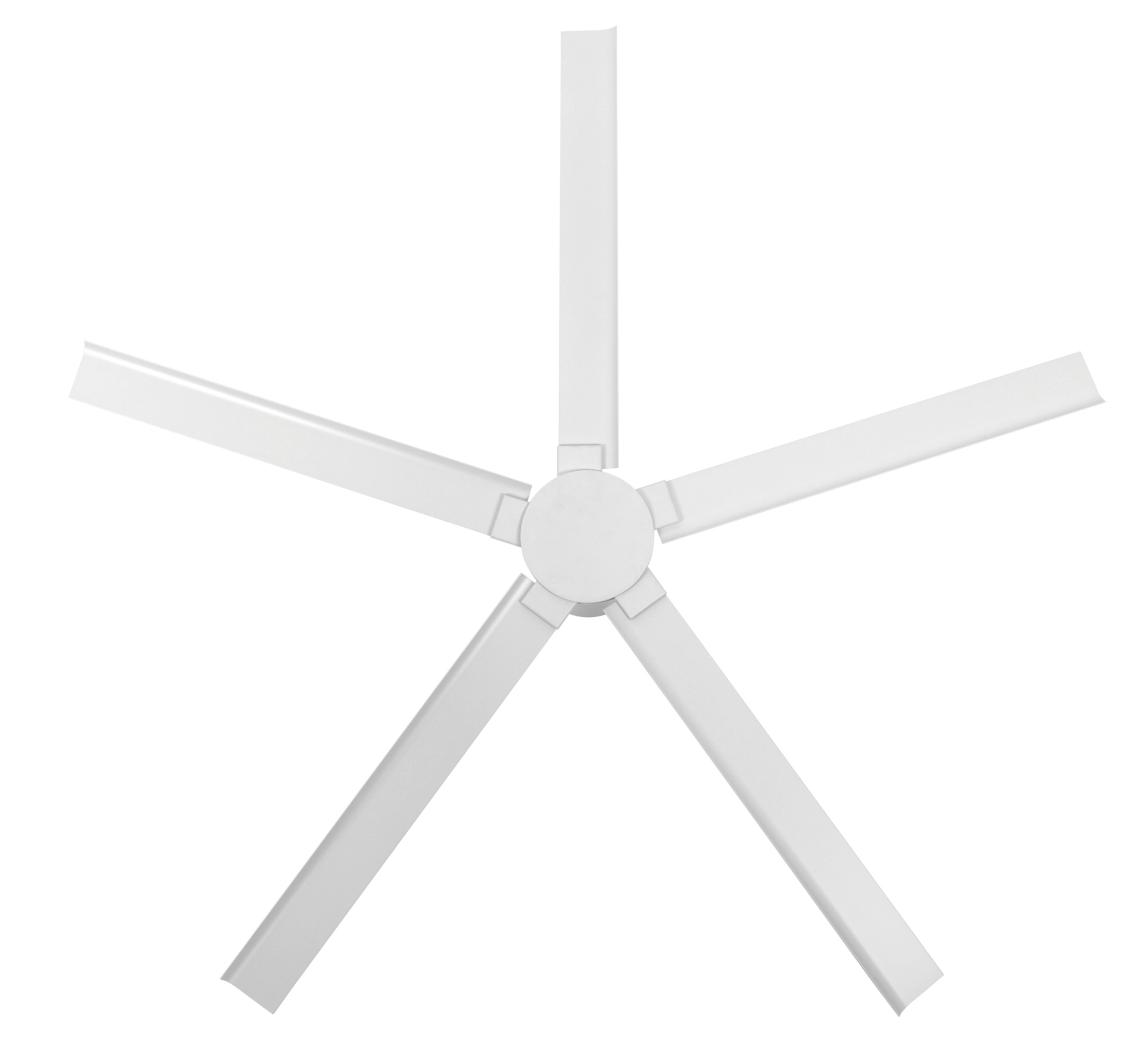 Ein weißer Deckenventilator mit fünf Blättern, sternförmig angeordnet, vor weißem Hintergrund.