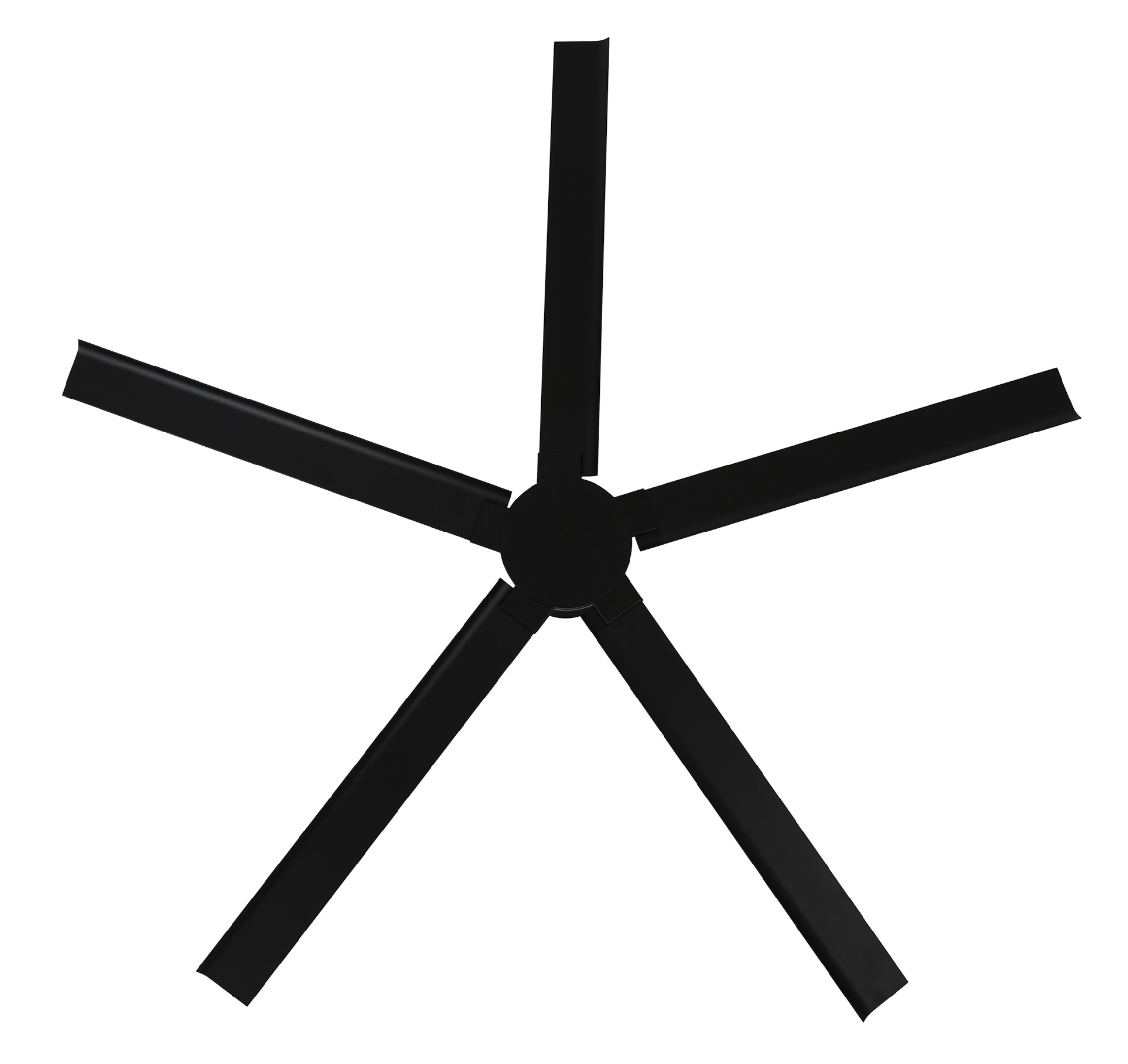 Schwarzer Deckenventilator mit fünf Flügeln und zentralem Motor, Draufsicht.
