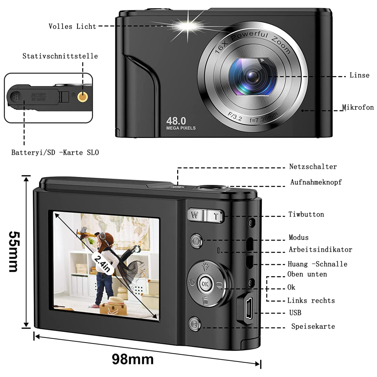 Eine schwarze Digitalkamera mit Beschriftungen und Maßen. Ein Bildschirm zeigt ein Mädchen auf einer Schaukel.