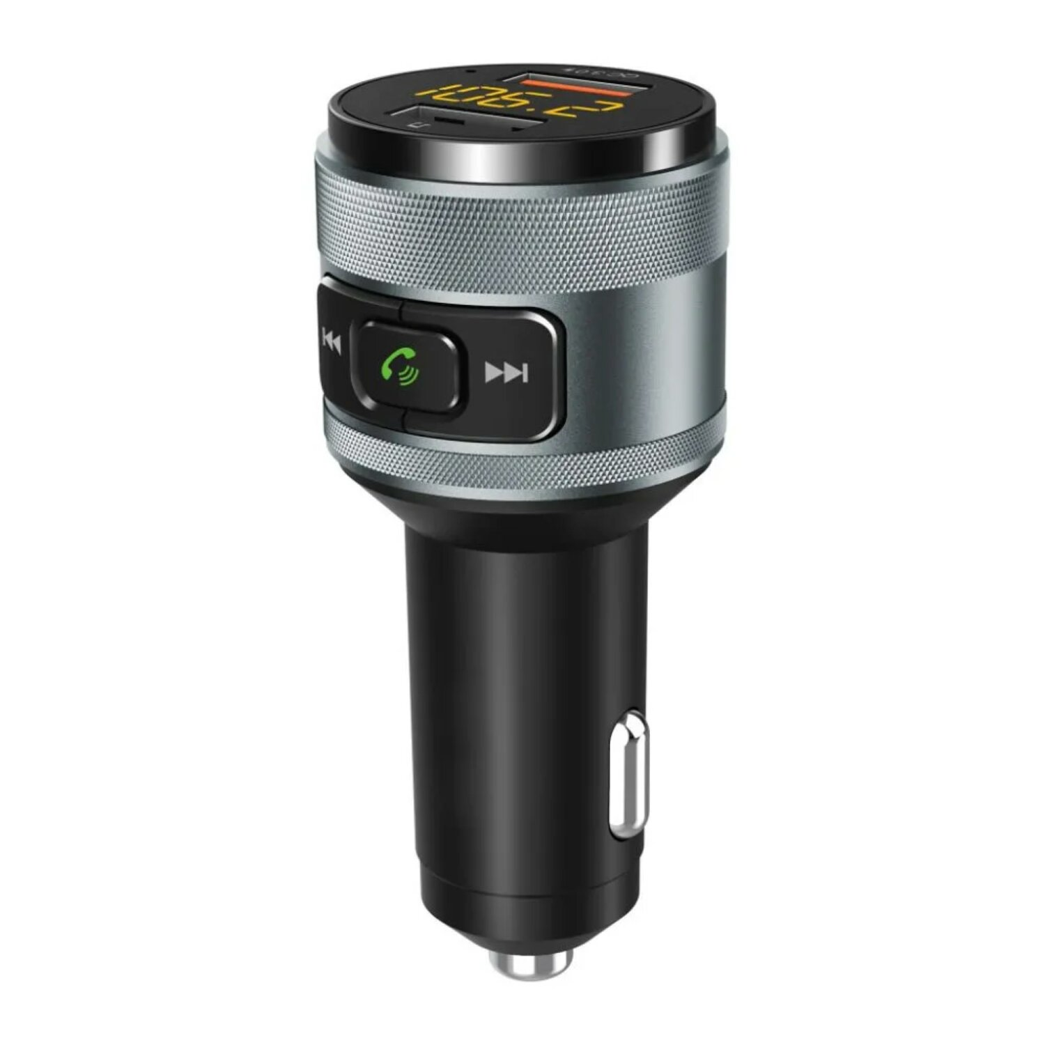 Auto-Ladeadapter mit Knöpfen, grau und schwarz, mit Digitalanzeige mit Zahlen.